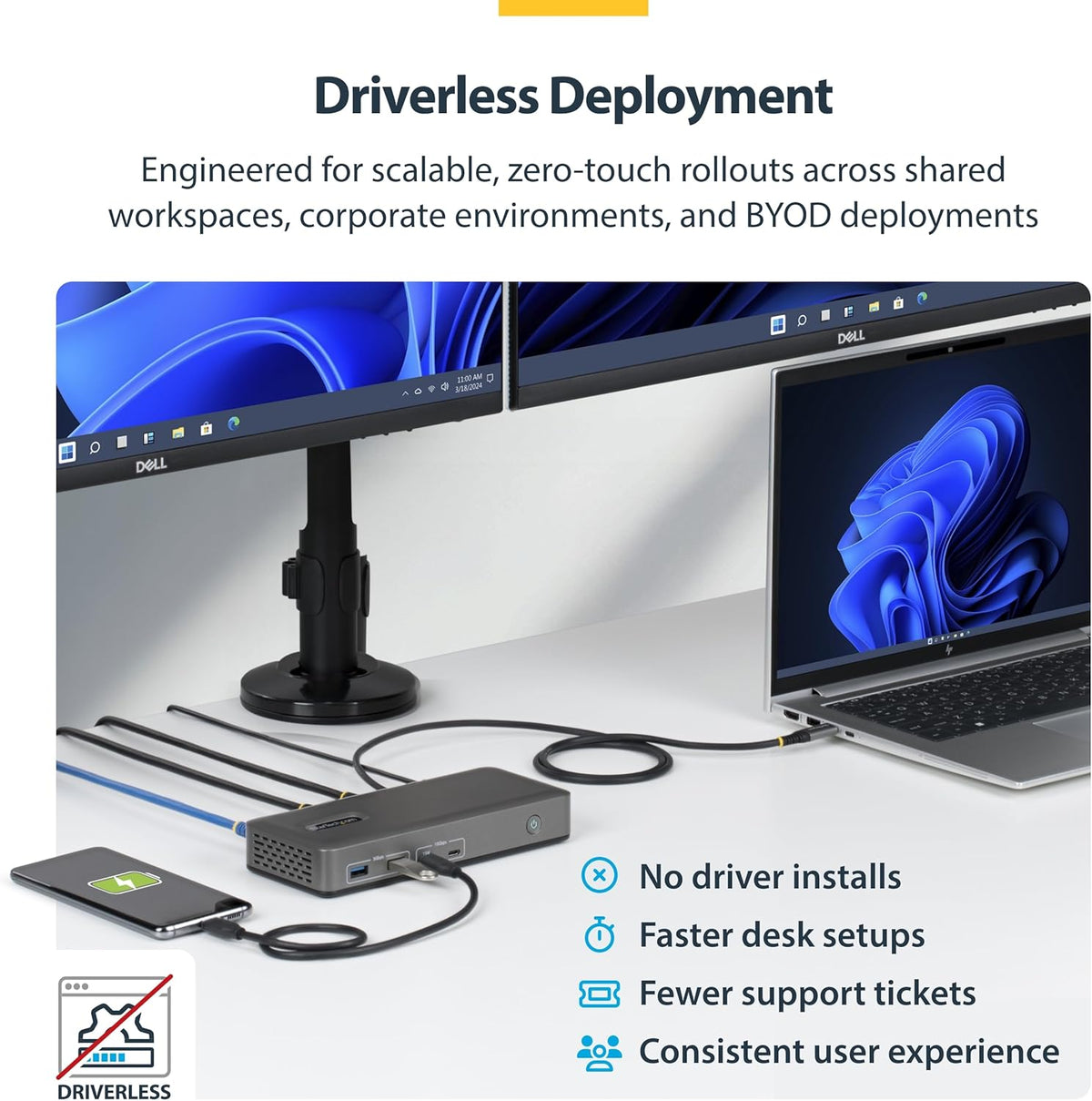 StarTech USB-C Dual 4K 60Hz DisplayPort Docking Station, 100W Power Delivery, 6 USB Ports & Gigabit Ethernet