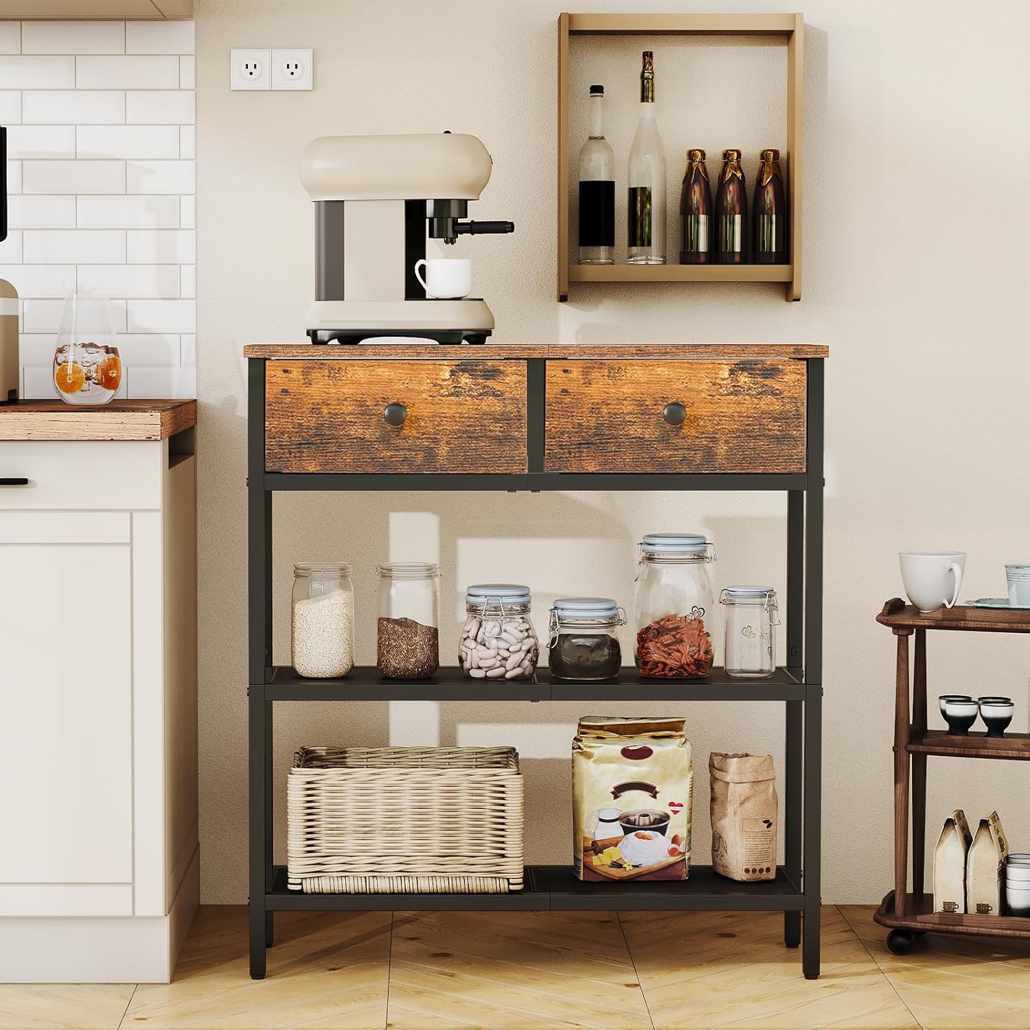 HOOBRO 75 cm Narrow Console Table with 2 Fabric Drawers, 3-Tier Entryway Storage Table, Rustic Brown & Black