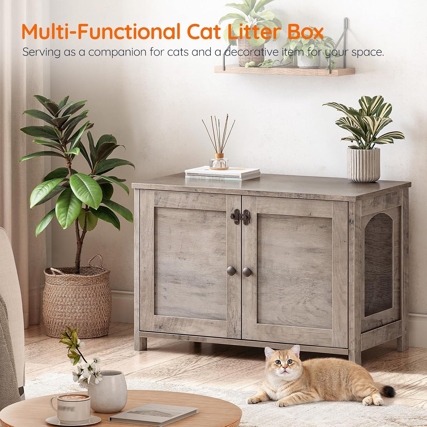HOOBRO Cat Litter Box Enclosure, Hidden Cat Washroom Furniture with Divider, Wooden Pet House End Table, Large Cat Litter Box Cabinet, Greige BG03MW01G2
