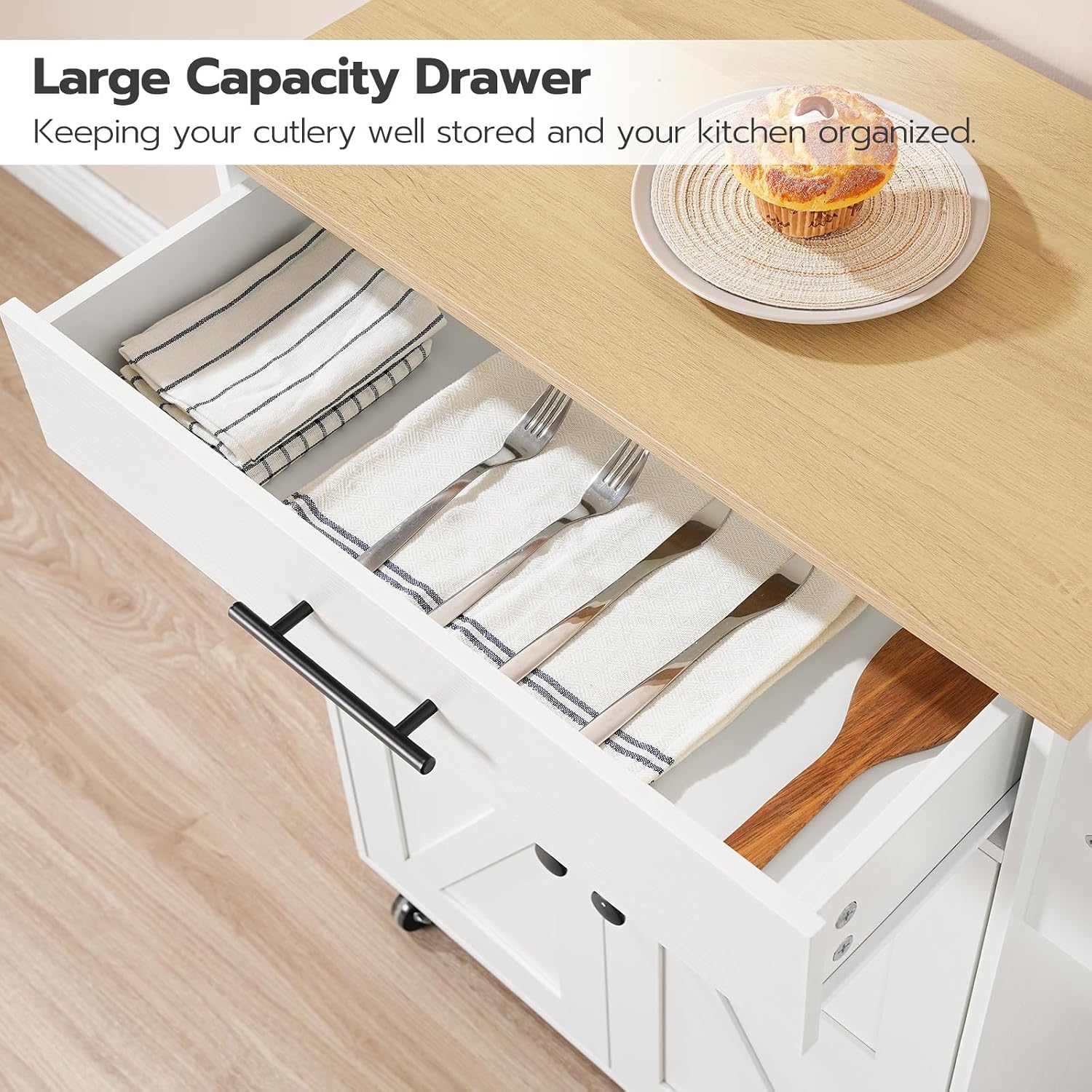 HOOBRO Kitchen Island Cart with Power Outlet, Storage Cabinet, Drawer & Spice Rack, Rolling Kitchen Cart, White & Natural