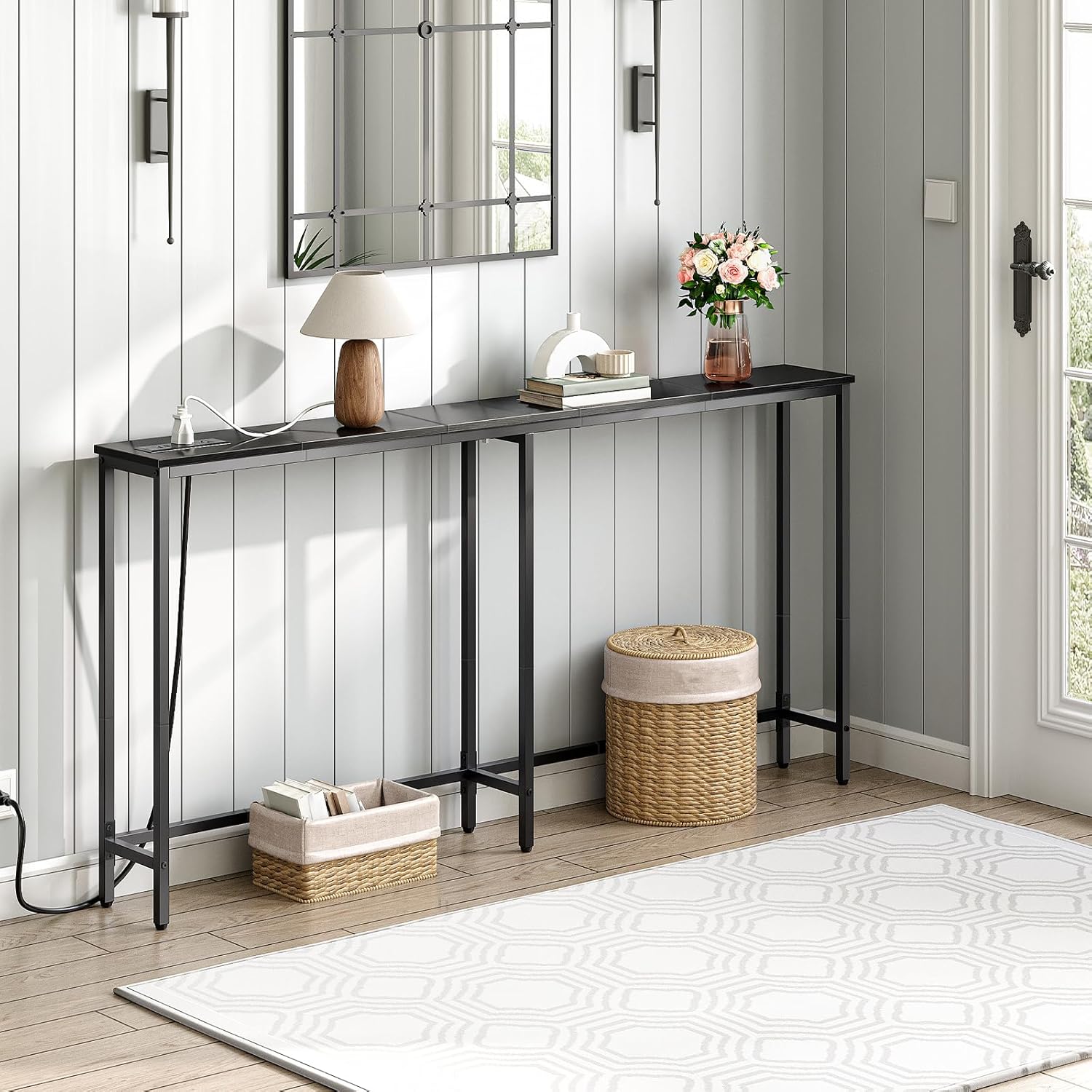 HOOBRO 63" Skinny Console Table with Charging Station, Power Outlets, USB & Type-C Ports, Black BB165UXG01G1
