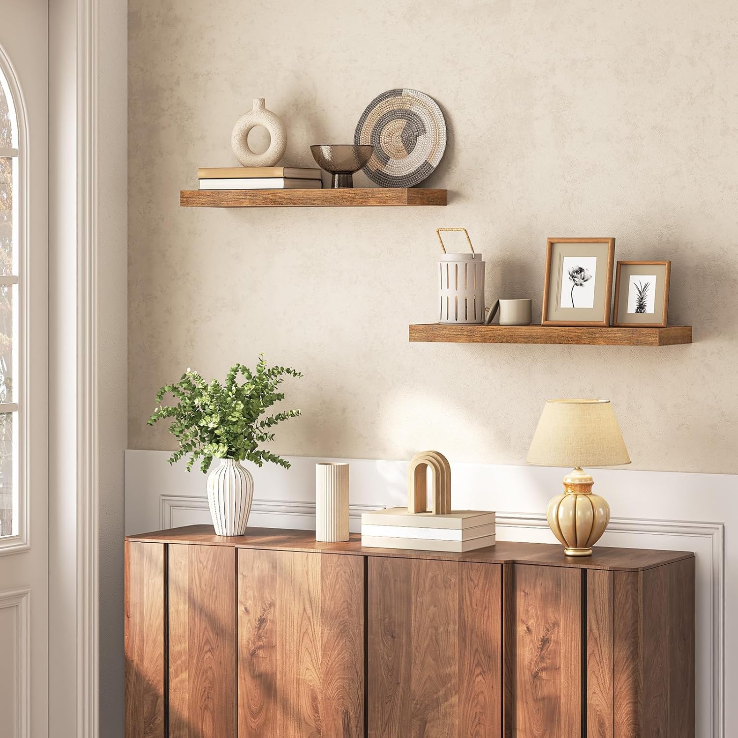 HOOBRO Floating Shelves Rustic Brown Wall Shelf Set of 2, 60 cm Hanging Shelves with Invisible Brackets BF60BJ01