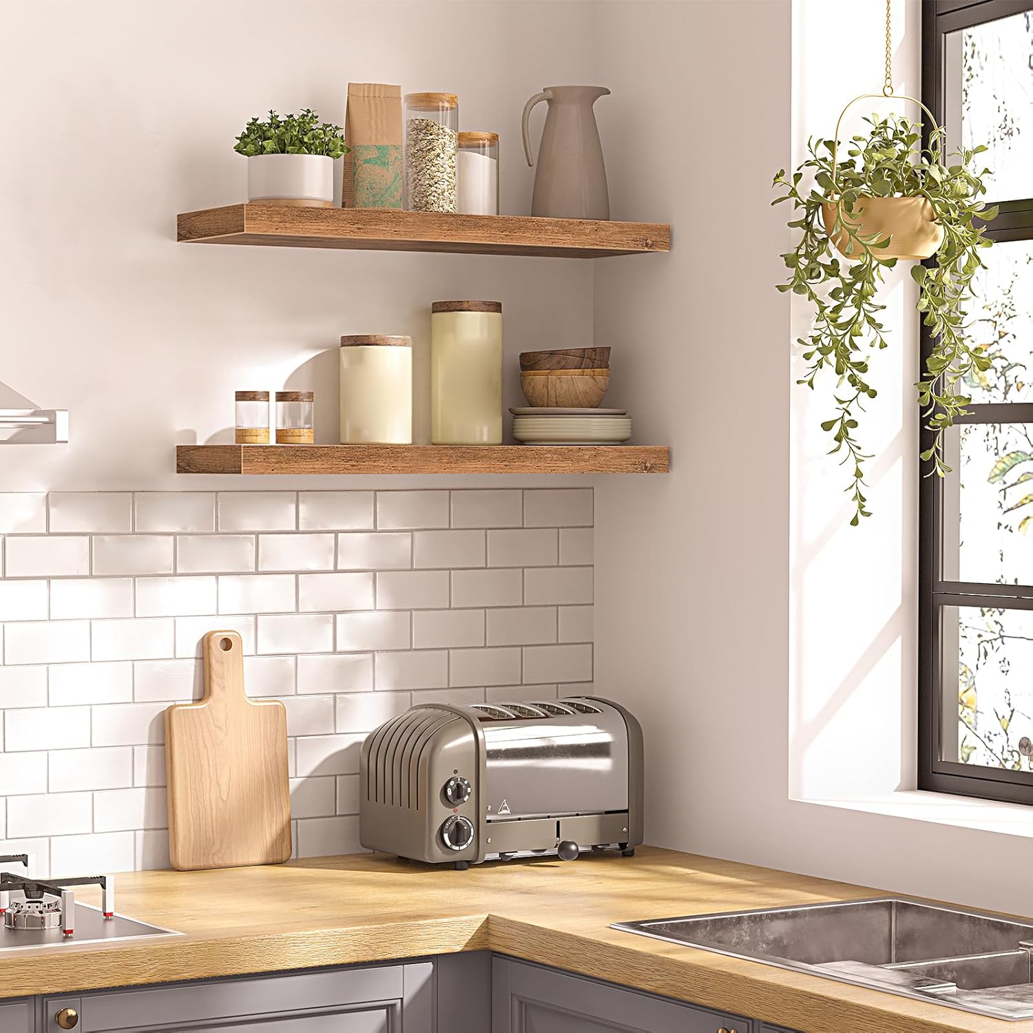 HOOBRO Floating Shelves Rustic Brown Wall Shelf Set of 2, 60 cm Hanging Shelves with Invisible Brackets BF60BJ01