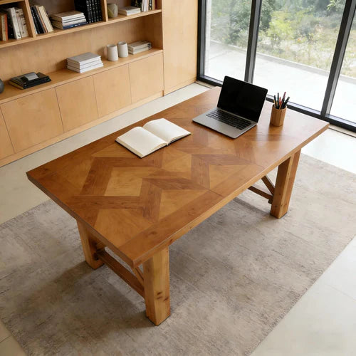 Computer Desk 63" Solid Wood Herringbone Parquet Top Executive Office Desk Brown