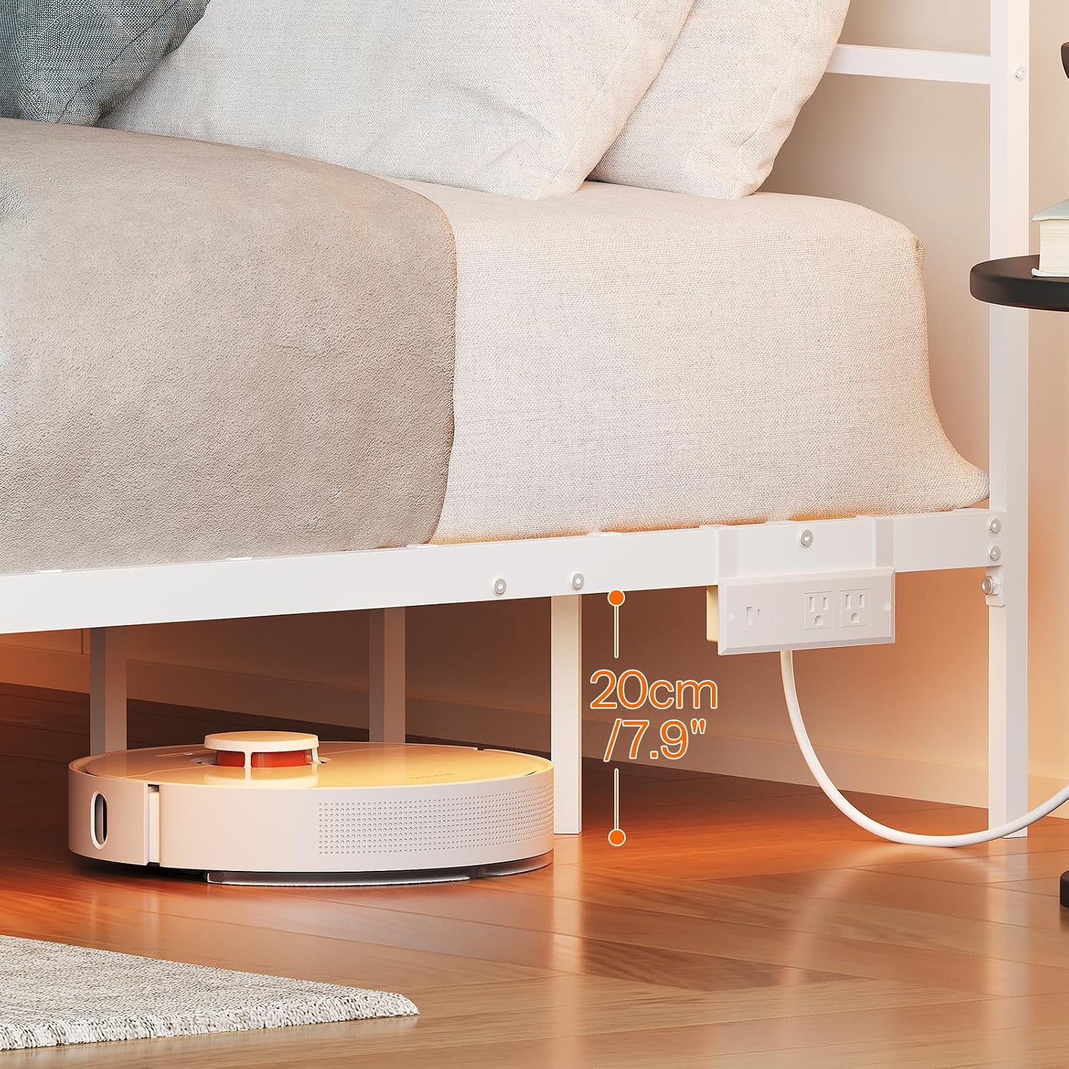 HOOBRO Full Size Floating Bed Frame with Charging Station, LED Light Strip & Headboard, White