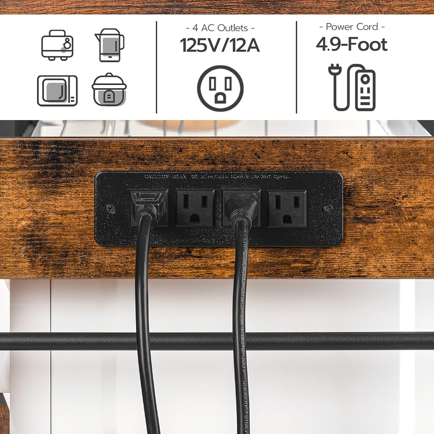 HOOBRO Kitchen Baker's Rack with Power Outlet, Coffee Bar & Microwave Stand, 6-Tier Storage Shelf with Mesh Basket and Hooks, Rustic Brown & Black