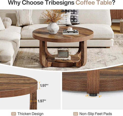 31.5" Round Coffee Table with 2-Tier Storage, Modern Farmhouse Circle Center Table with Thick Wood Top & Rustic Brown Finish