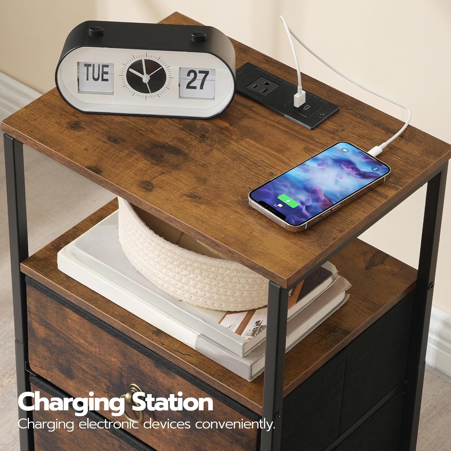 HOOBRO Nightstand with Charging Station, Bedside Table with 2 Fabric Drawers, USB & Type-C Ports, Rustic Brown & Black