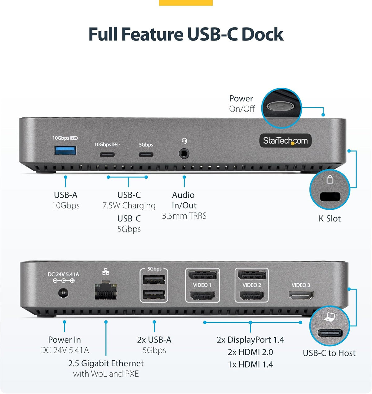 StarTech USB-C Triple 4K Monitor Docking Station, 100W Power Delivery, HDMI & DisplayPort, USB-C, Ethernet