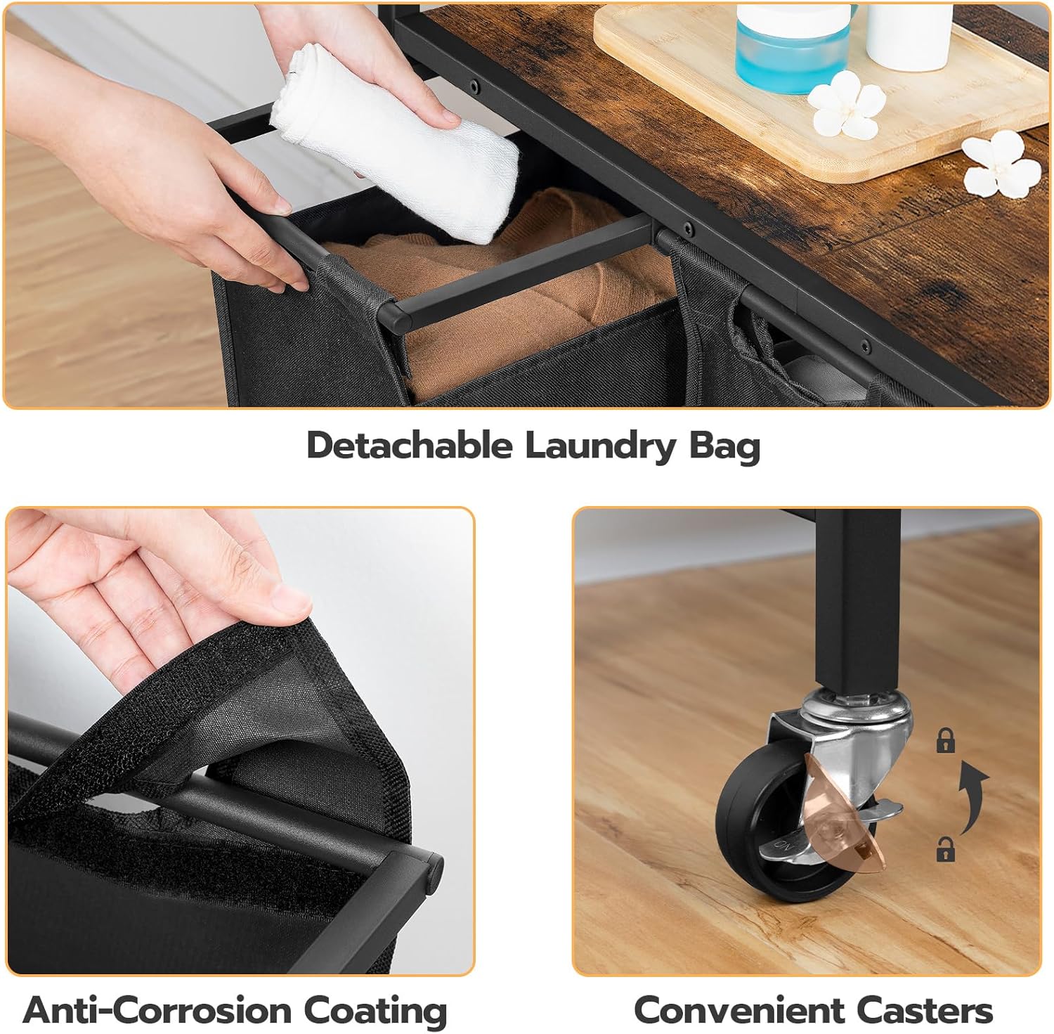 HOOBRO 3-Section Laundry Sorter with Wheels, 130L Rolling Laundry Hamper with Removable Oxford Fabric Bags, Rustic Brown & Black BF76XY01