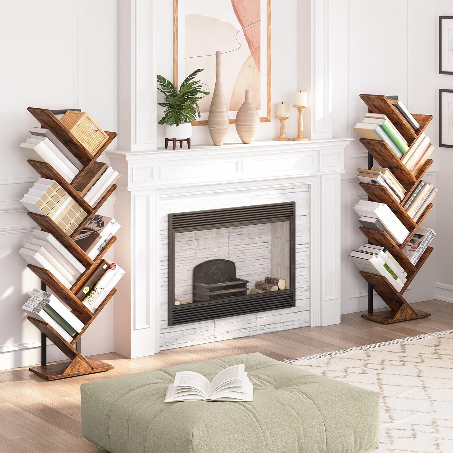 HOOBRO 9-Tier Tree Bookshelf, Freestanding Wooden Bookcase Storage Rack, Rustic Brown BF08SJ01G1