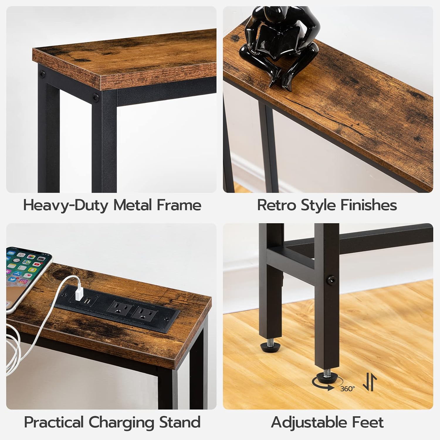 HOOBRO Skinny Console Table with Charging Station, 47.2" Narrow Sofa Table with Power Outlets, USB & Type-C Ports, Rustic Brown & Black