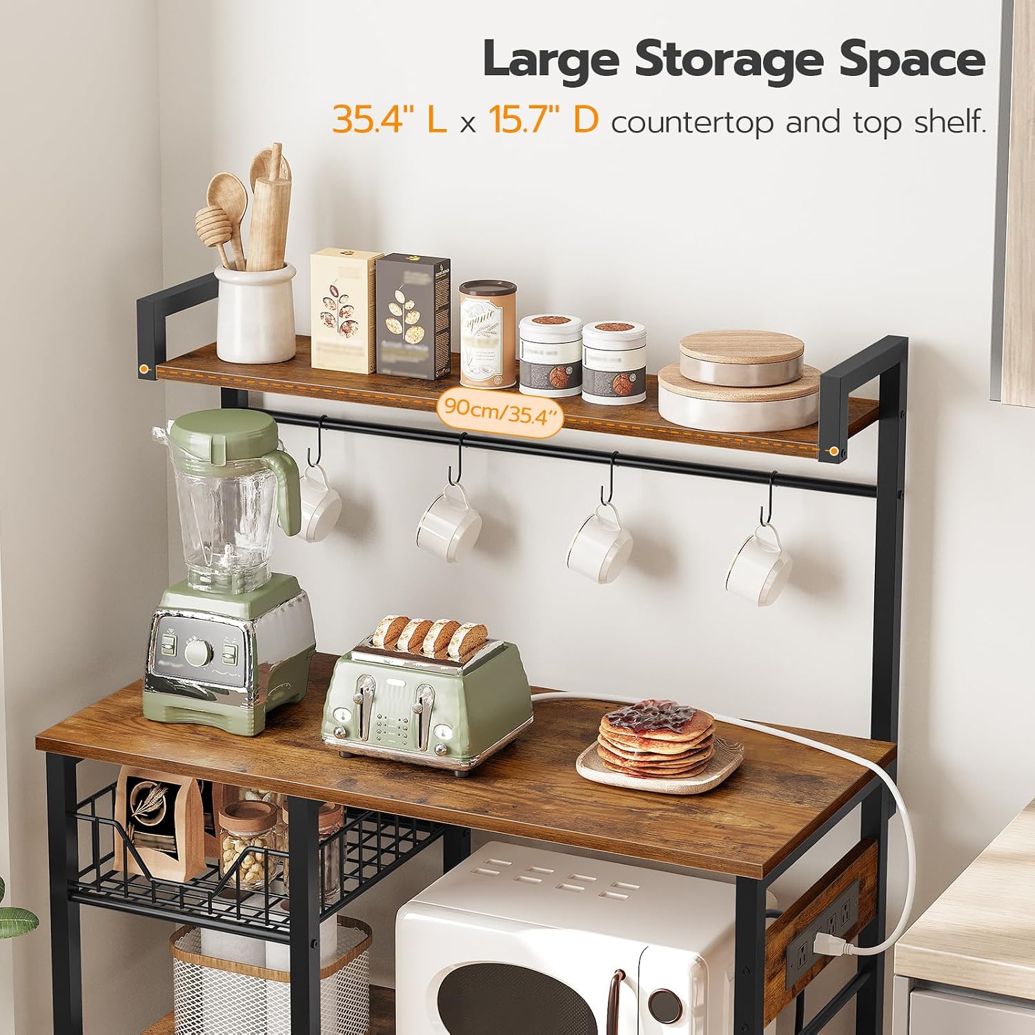 HOOBRO Kitchen Baker's Rack with Power Outlet, Coffee Bar & Microwave Stand, 6-Tier Storage Shelf with Mesh Basket and Hooks, Rustic Brown & Black