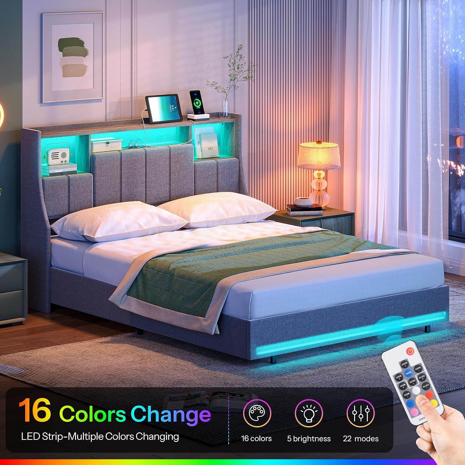 HOOBRO Full Size Upholstered Bed Frame with Storage Headboard, LED Lights & Charging Station, Gray