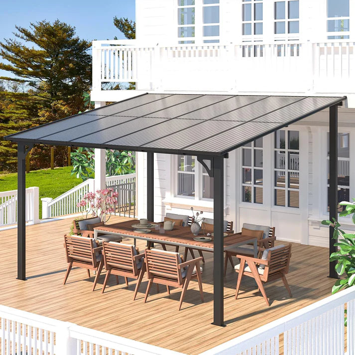 Yodolla 12' x 10' Wall Mounted Hardtop Pergola Gazebo with Weather Resistant Roof – Dark Grey