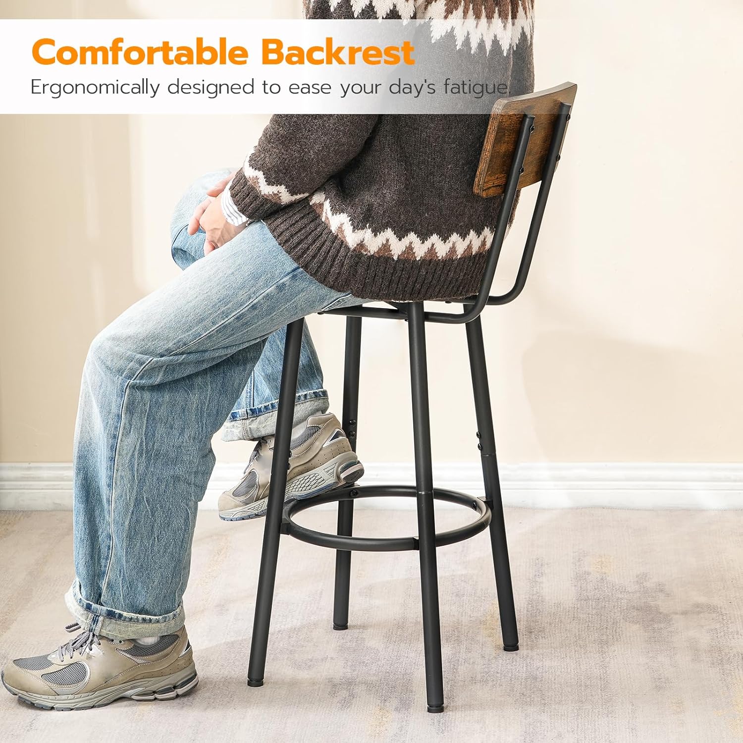 HOOBRO Bar Stools Set of 2 with Backrest & Footrest, Industrial Counter Height Bar Chairs, Rustic Brown & Black BF32BY01G2
