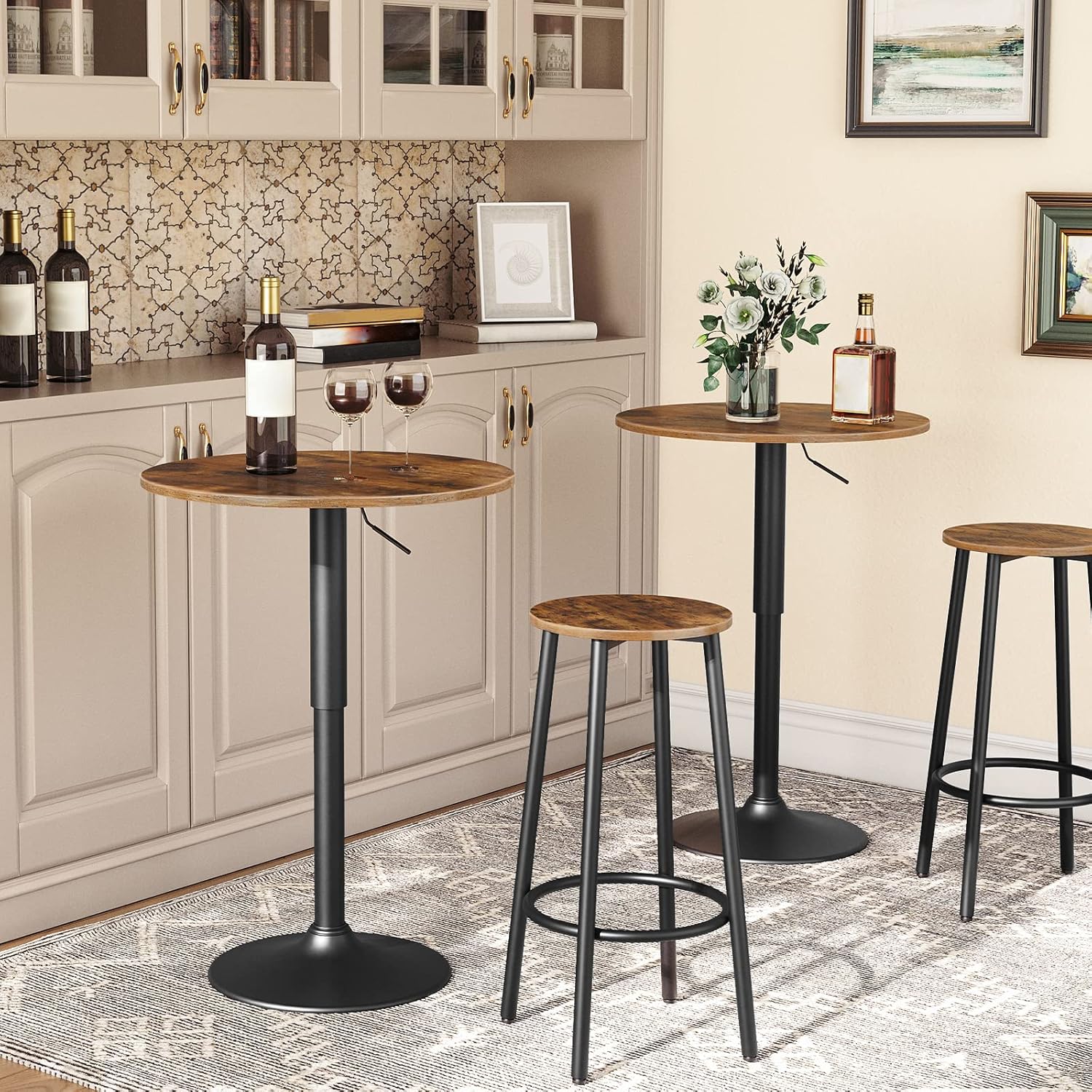 HOOBRO Height-Adjustable Round Bar Table, Modern Cocktail Pub Table, Rustic Brown & Black BF58BT01G1