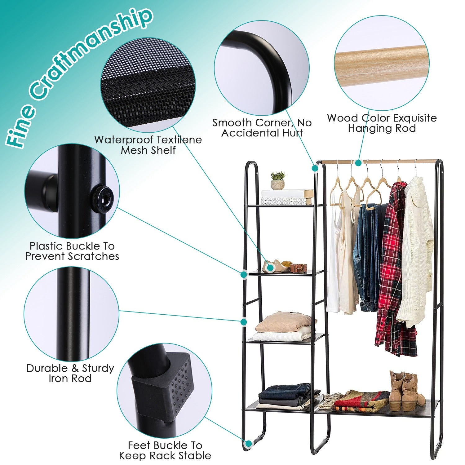 Metal Garment Hanging Rack Shoe Clothing Organizer Shelves Freestanding Clothing Hanging Rail Clothes Wardrobe Shoe Display Organizer with 1 Hanging R