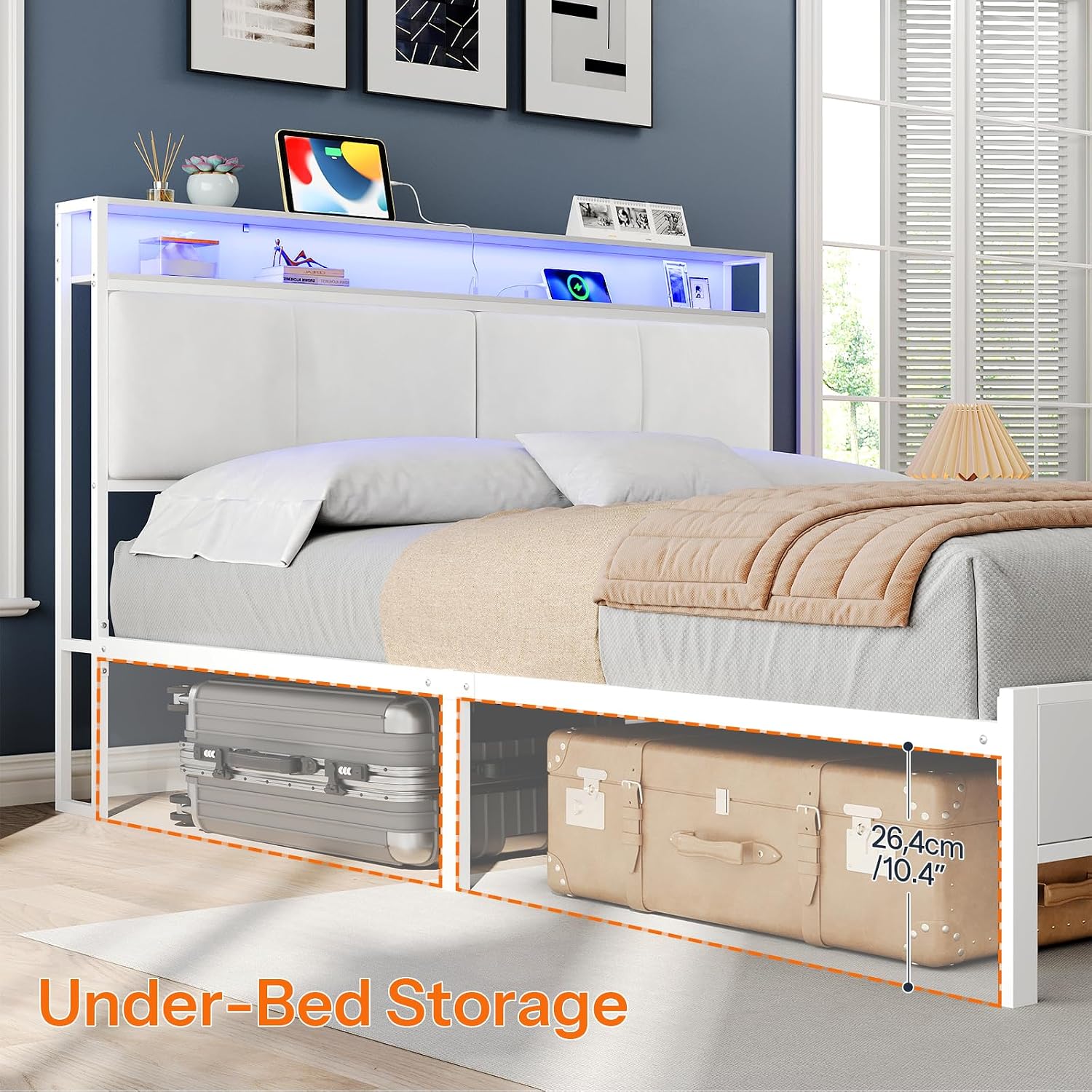 HOOBRO Queen Bed Frame with Charging Station, Storage Headboard & 16-Color LED Lights, White