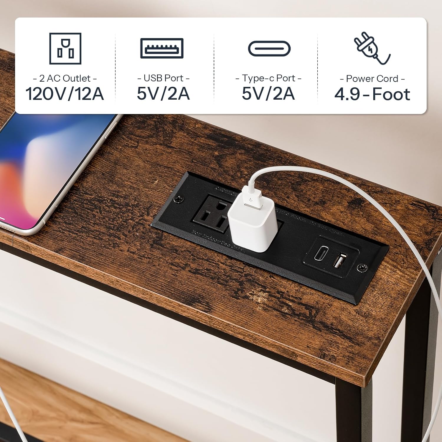 HOOBRO 70.9" Skinny Console Table with Charging Station, Narrow Sofa Table with USB & Type-C Ports, Rustic Brown