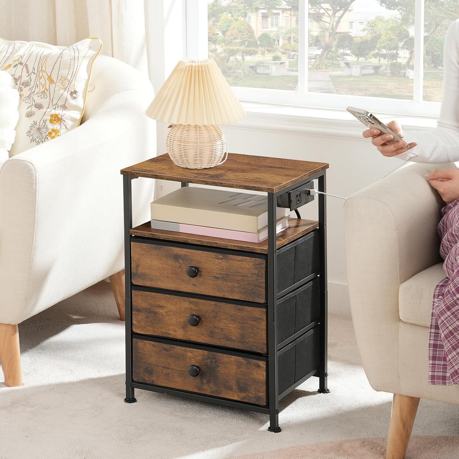 HOOBRO Bedside Table with Charging Station, Narrow Nightstand with 3 Fabric Drawers, USB & Type-C Ports, End Table with Open Storage Shelves, Rustic Brown BF403UBZ01