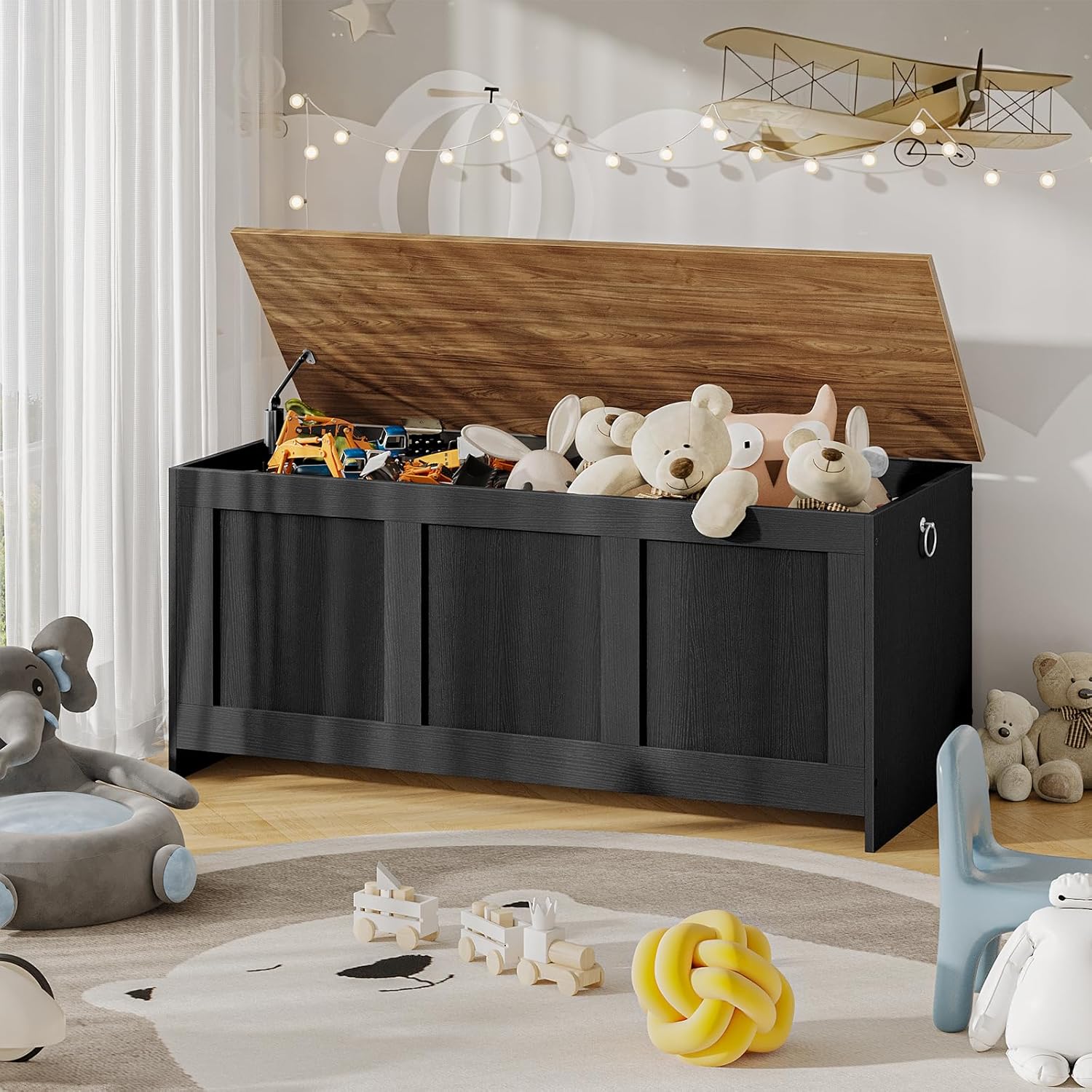 HOOBRO 100cm Storage Bench with Lift Top, Wooden Storage Chest & Toy Box, Entryway Organizer, Black & Walnut
