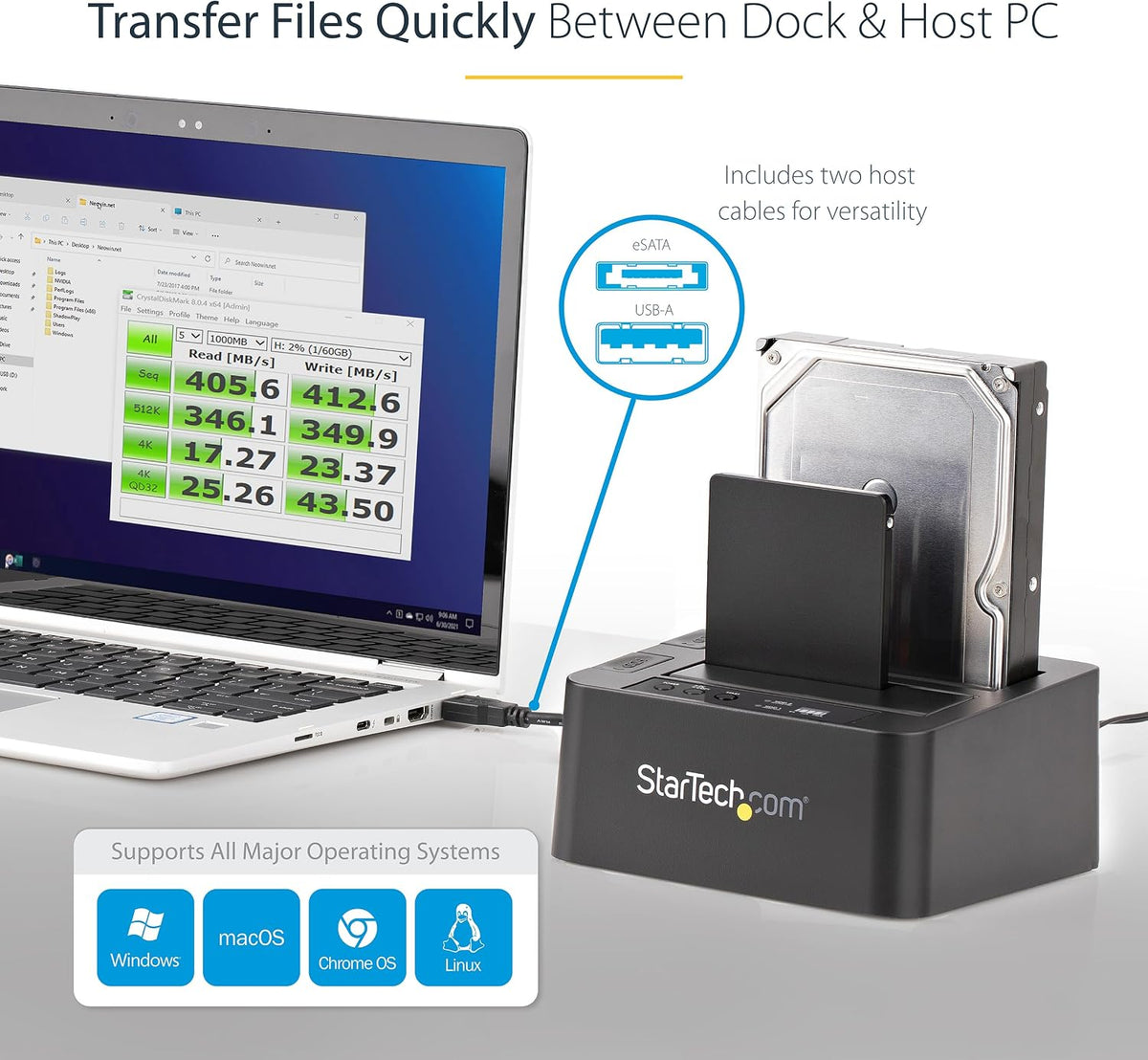 StarTech Dual-Bay SATA HDD/SSD Duplicator & Docking Station, Standalone Hard Drive Cloner with USB 3.0 & eSATA