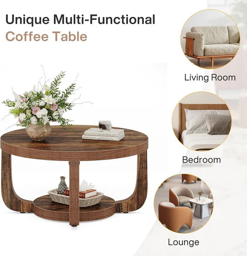 31.5" Round Coffee Table with 2-Tier Storage, Modern Farmhouse Circle Center Table with Thick Wood Top & Rustic Brown Finish