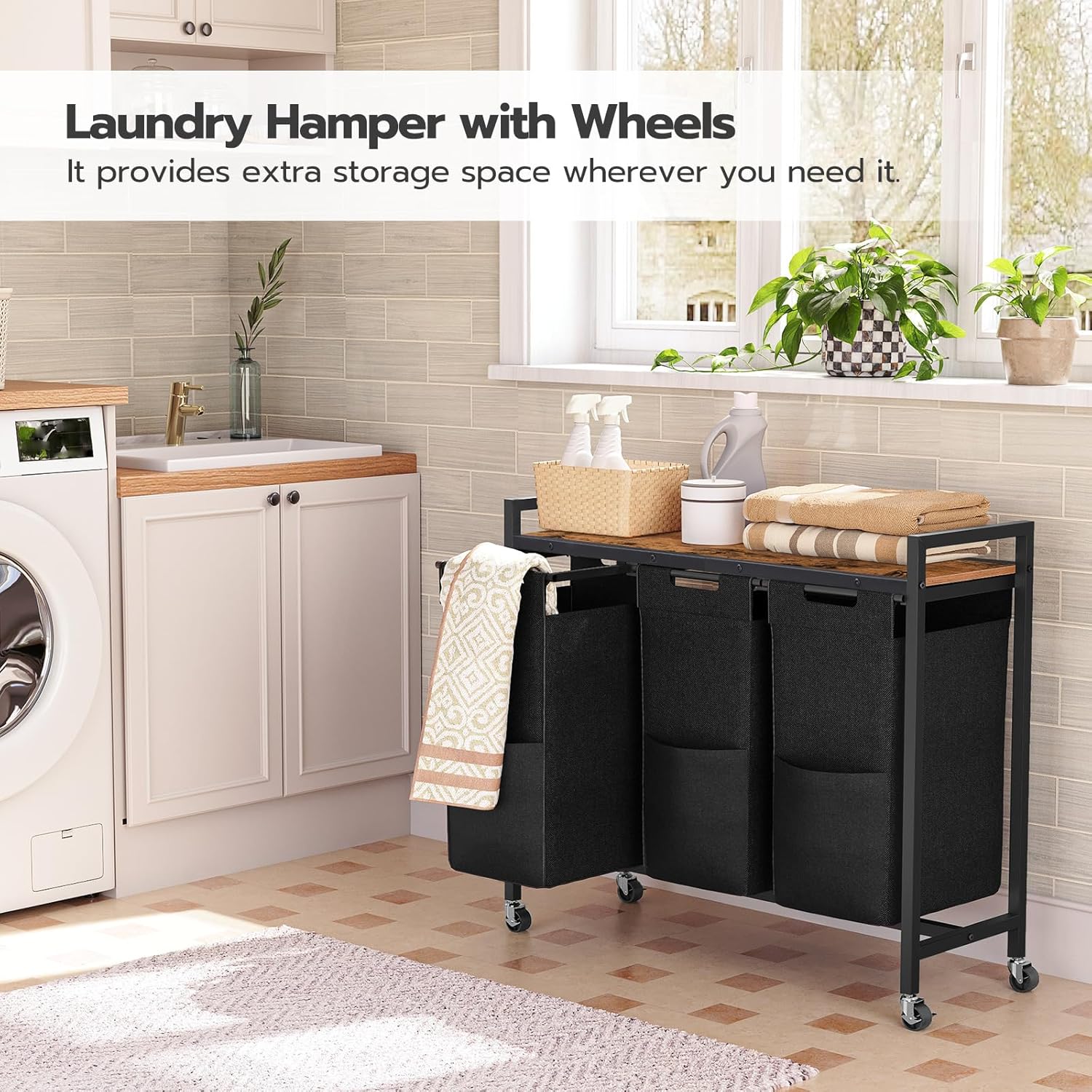 HOOBRO 3-Section Laundry Sorter with Wheels, 130L Rolling Laundry Hamper with Removable Oxford Fabric Bags, Rustic Brown & Black BF76XY01