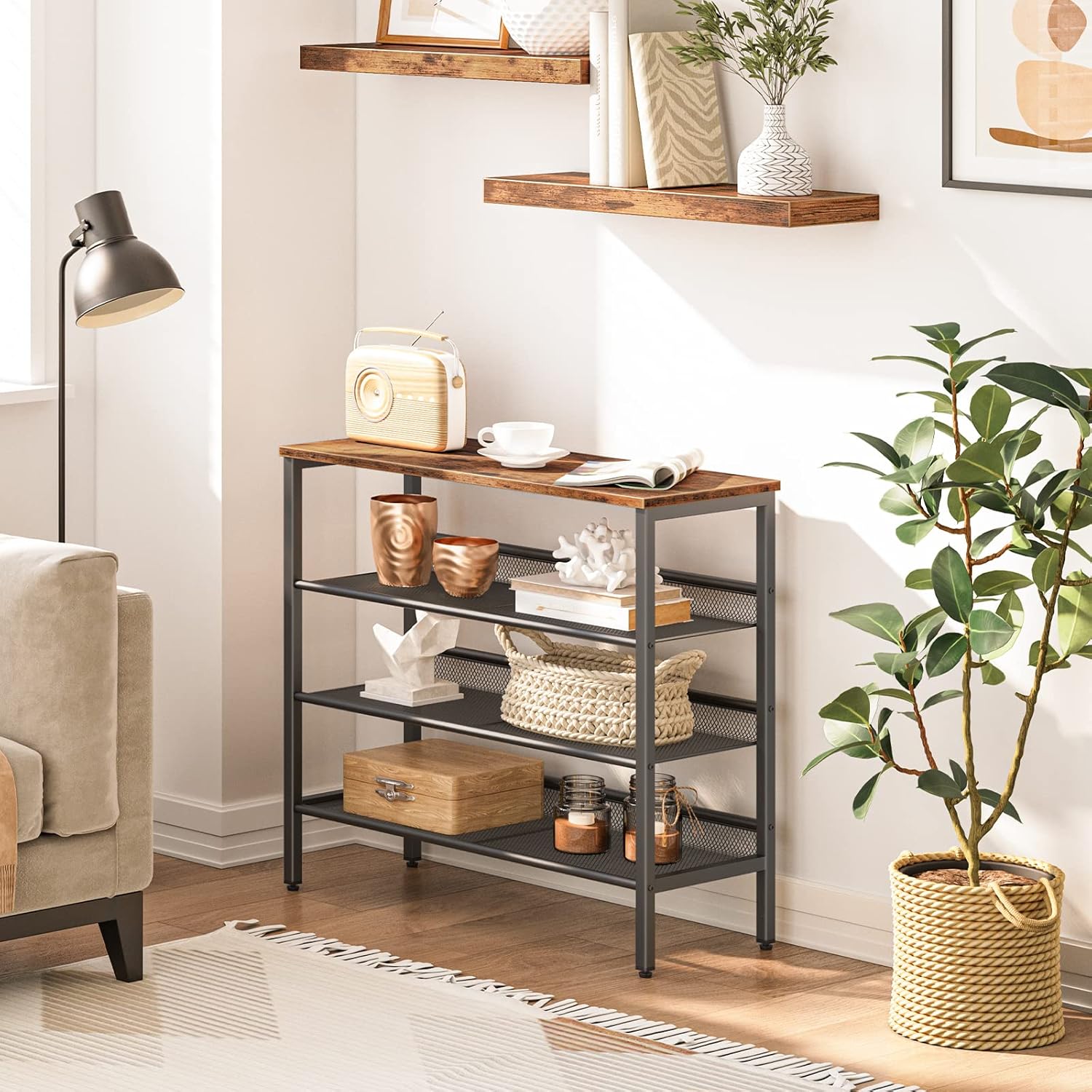 HOOBRO Industrial 4-Tier Shoe Rack with 3 Mesh Shelves and Rustic Wood Look Top, BF14XJ01