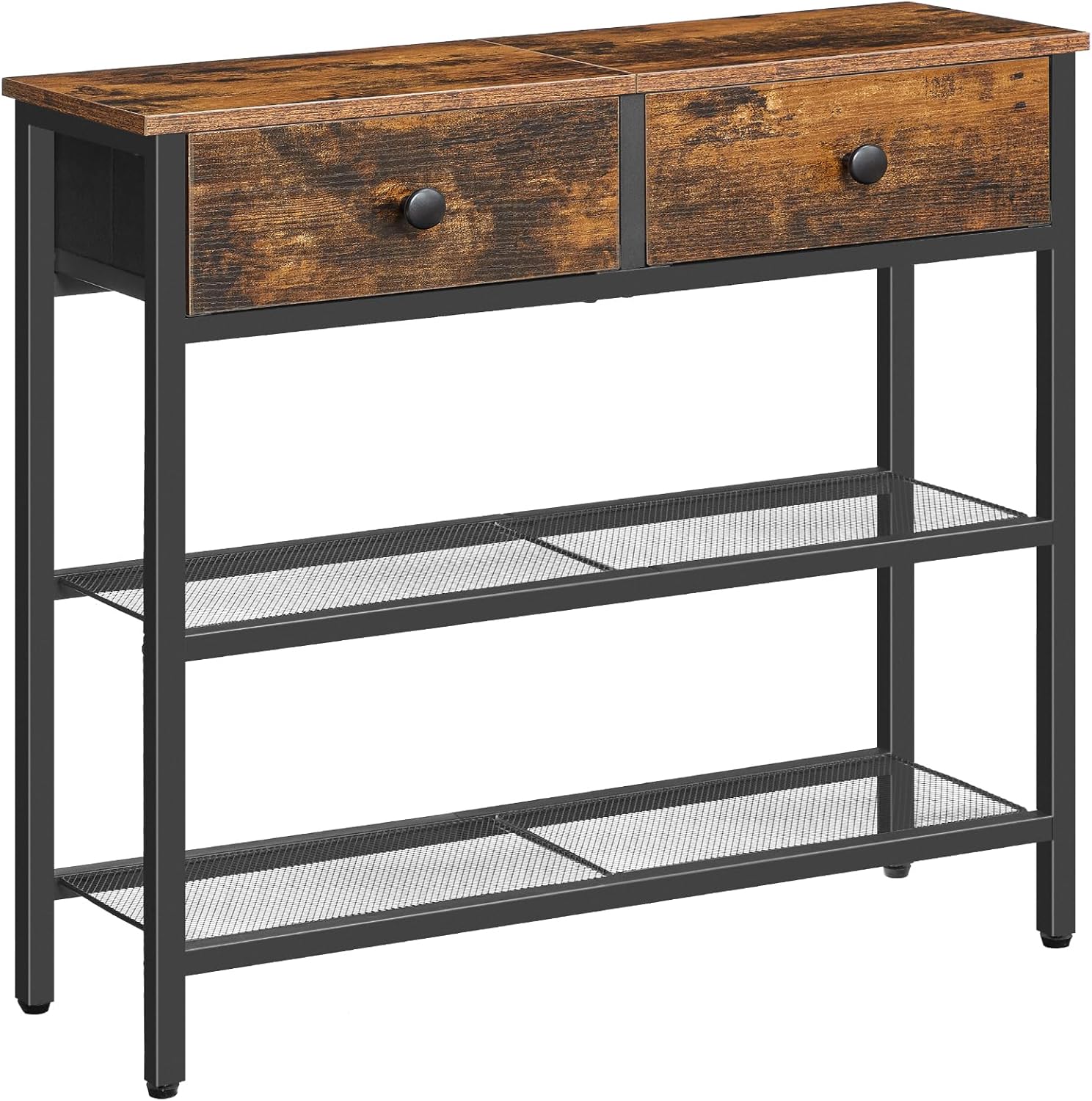 HOOBRO 75 cm Narrow Console Table with 2 Fabric Drawers, 3-Tier Entryway Storage Table, Rustic Brown & Black
