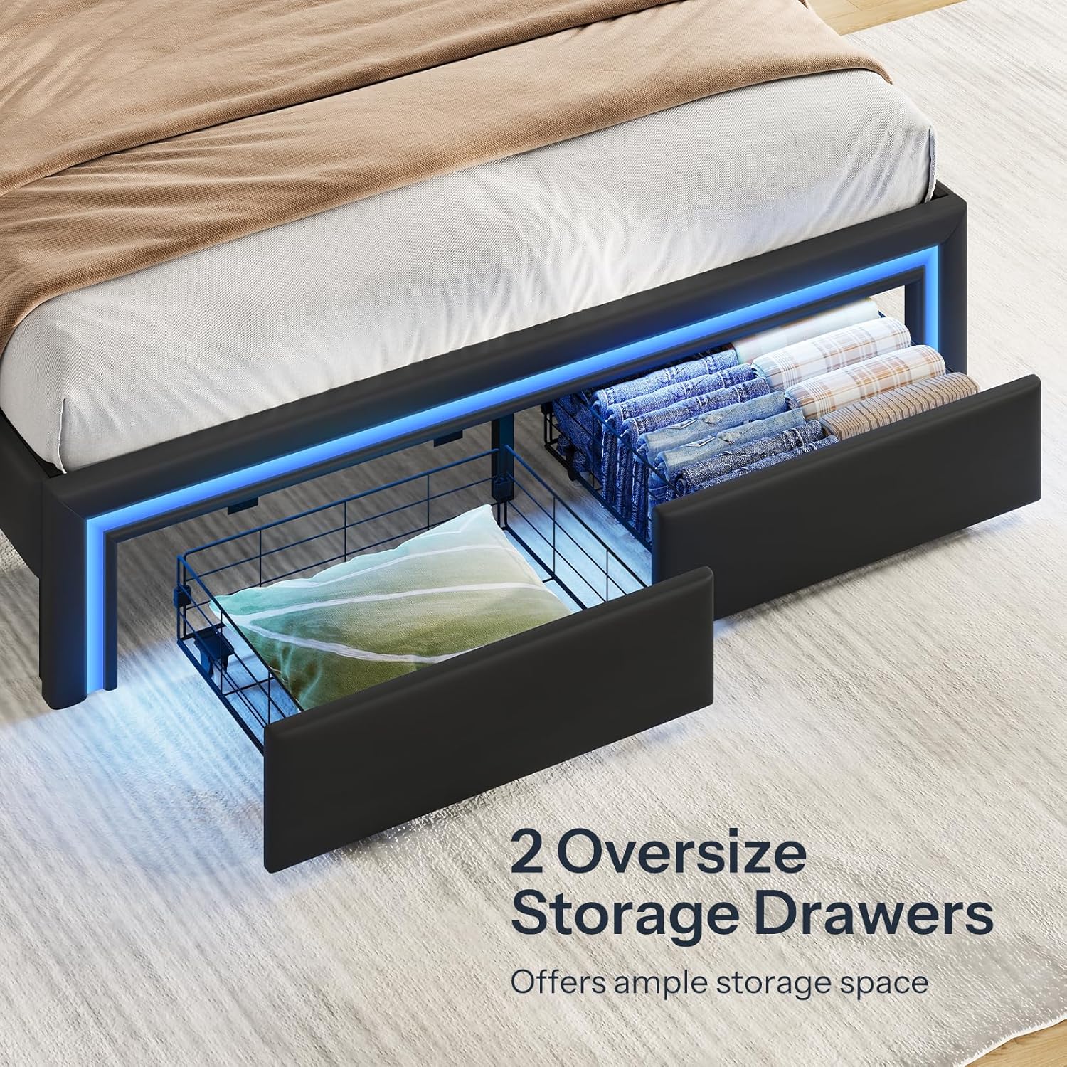 HOOBRO Queen Size Upholstered Metal Bed Frame with RGB LED Lights, Charging Station & 2 Storage Drawers, Black