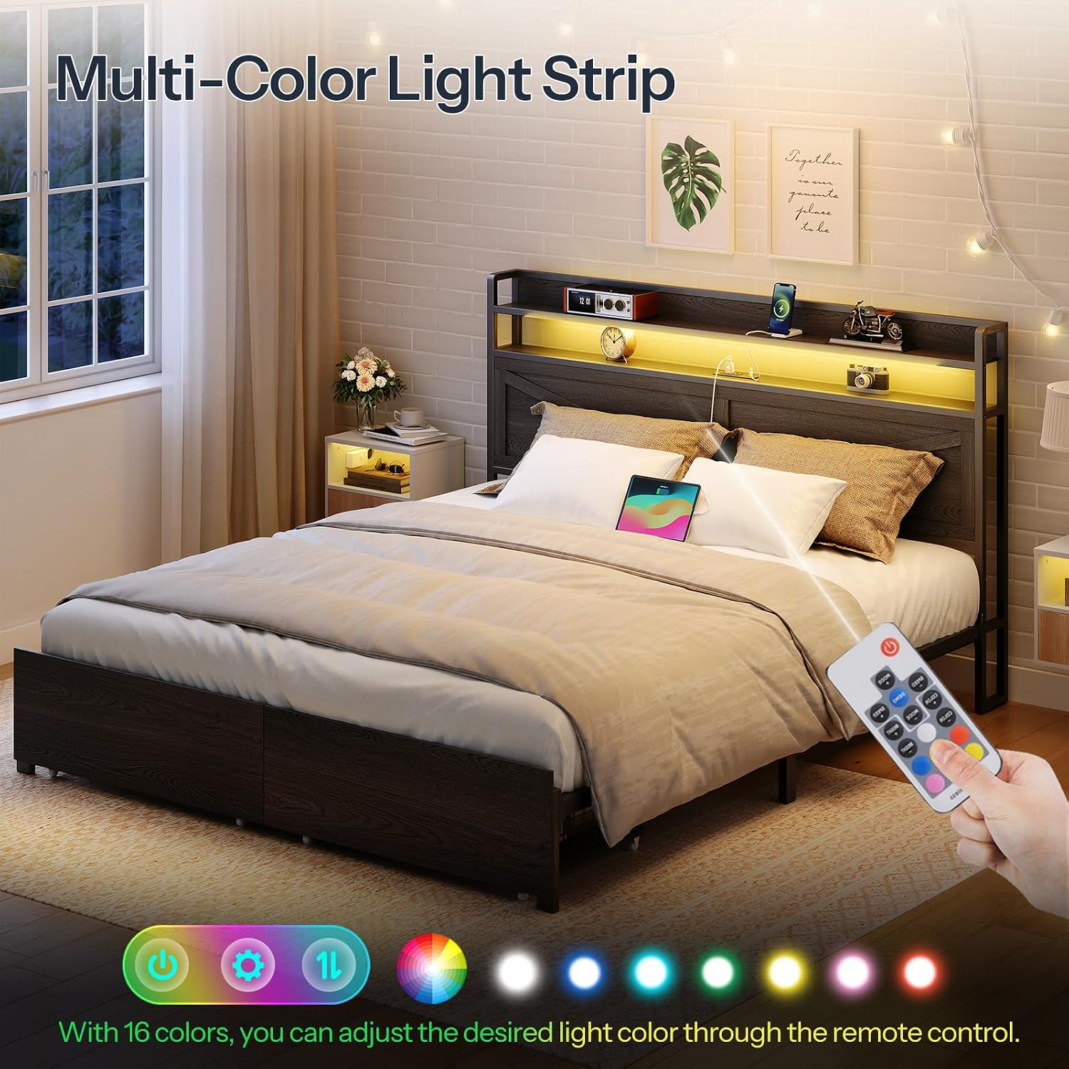HOOBRO Full Size LED Bed Frame with Charging Station, Storage Headboard & 2 Drawers, Black