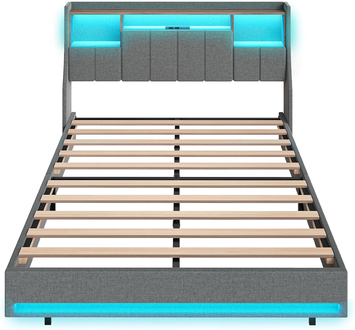 HOOBRO Full Size Upholstered Bed Frame with Storage Headboard, LED Lights & Charging Station, Gray