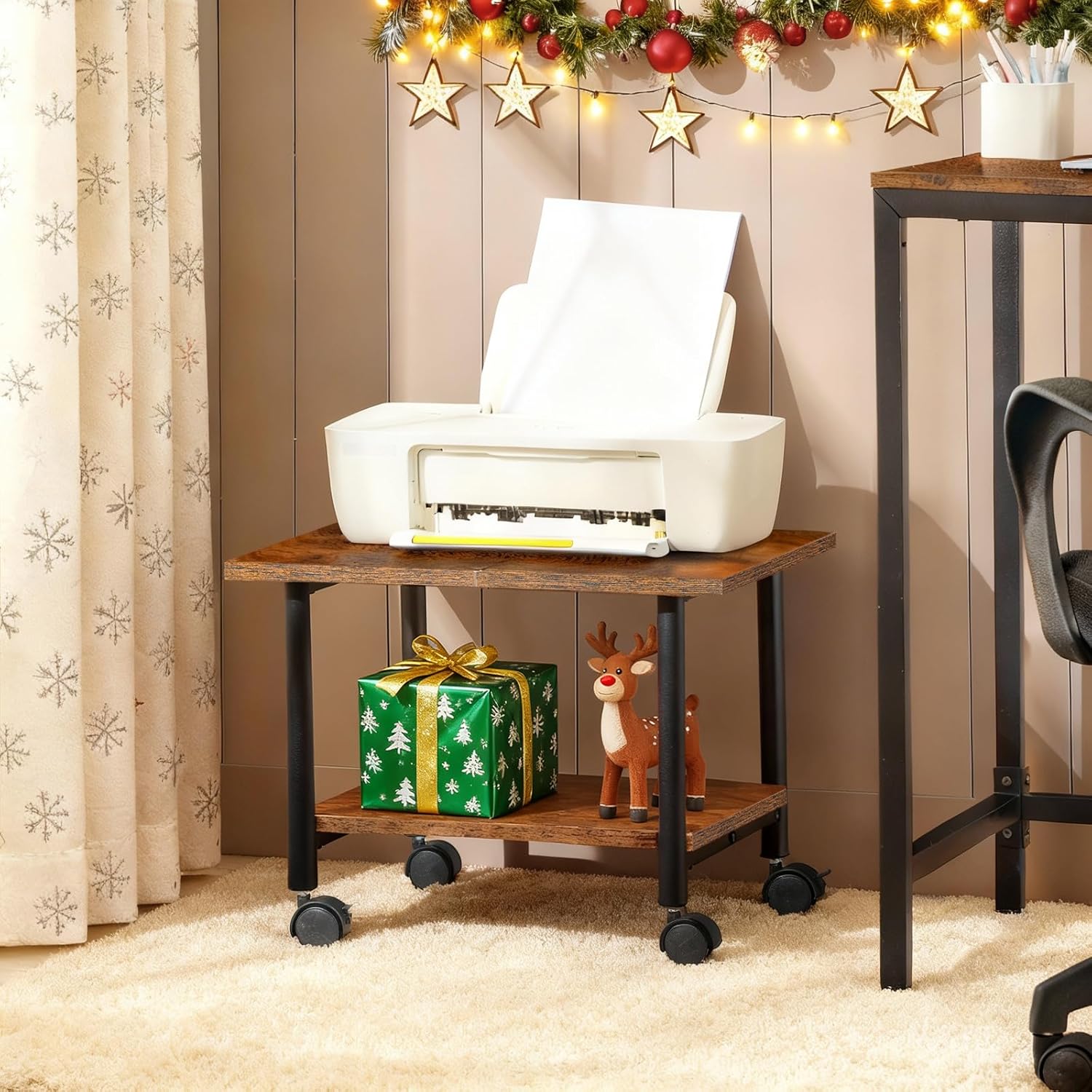 HOOBRO 2-Tier Printer Stand with Storage Shelves and Lockable Wheels, Rustic Brown + Black
