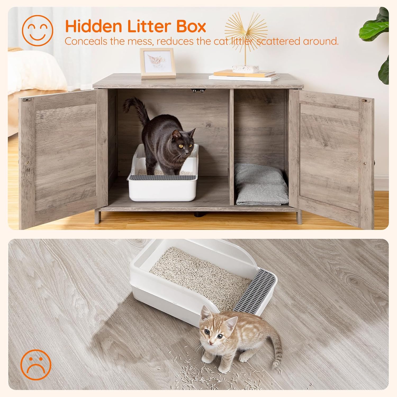 HOOBRO Cat Litter Box Enclosure, Hidden Cat Washroom Furniture with Divider, Wooden Pet House End Table, Large Cat Litter Box Cabinet, Greige BG03MW01G2