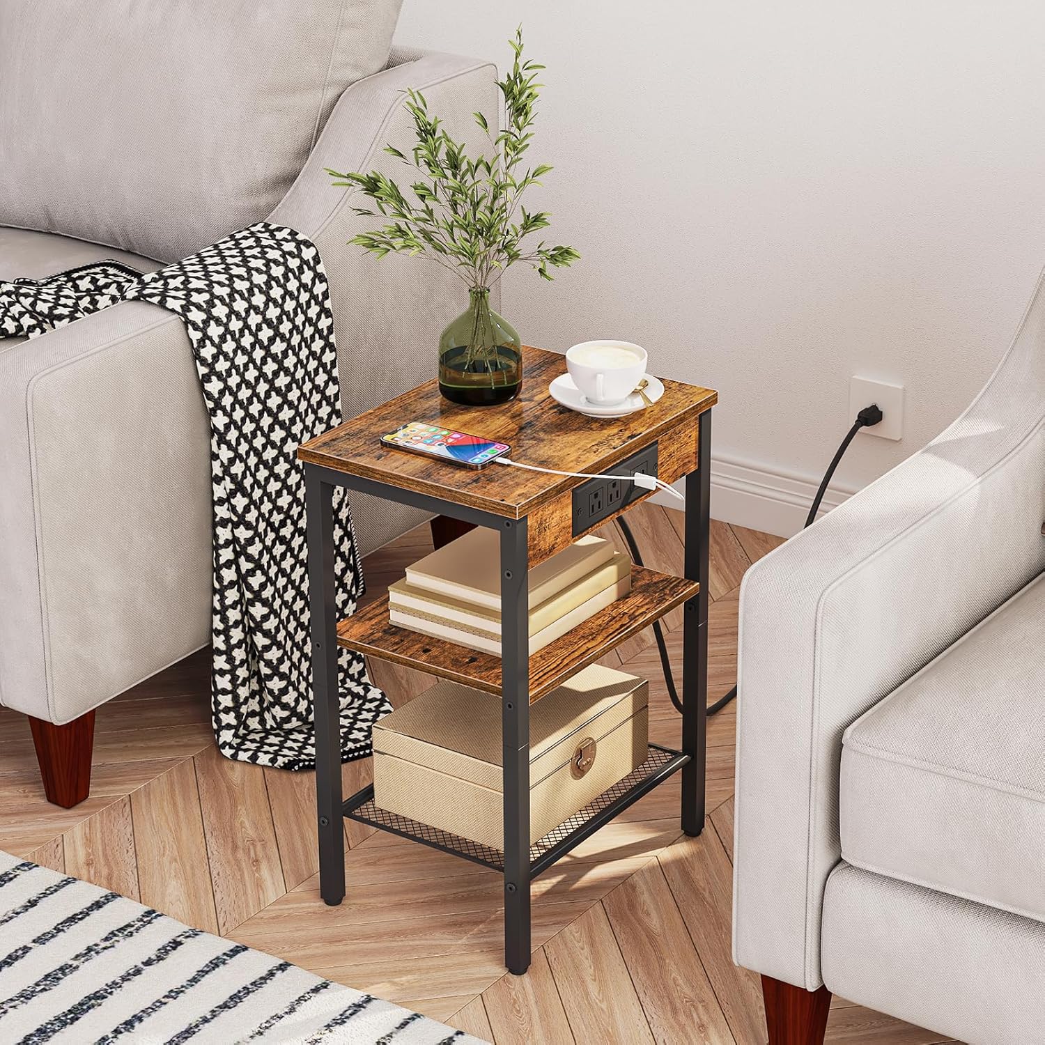 HOOBRO End Table with Charging Station, 3-Tier Nightstand with Adjustable Shelf, Rustic Brown BF112BZ01