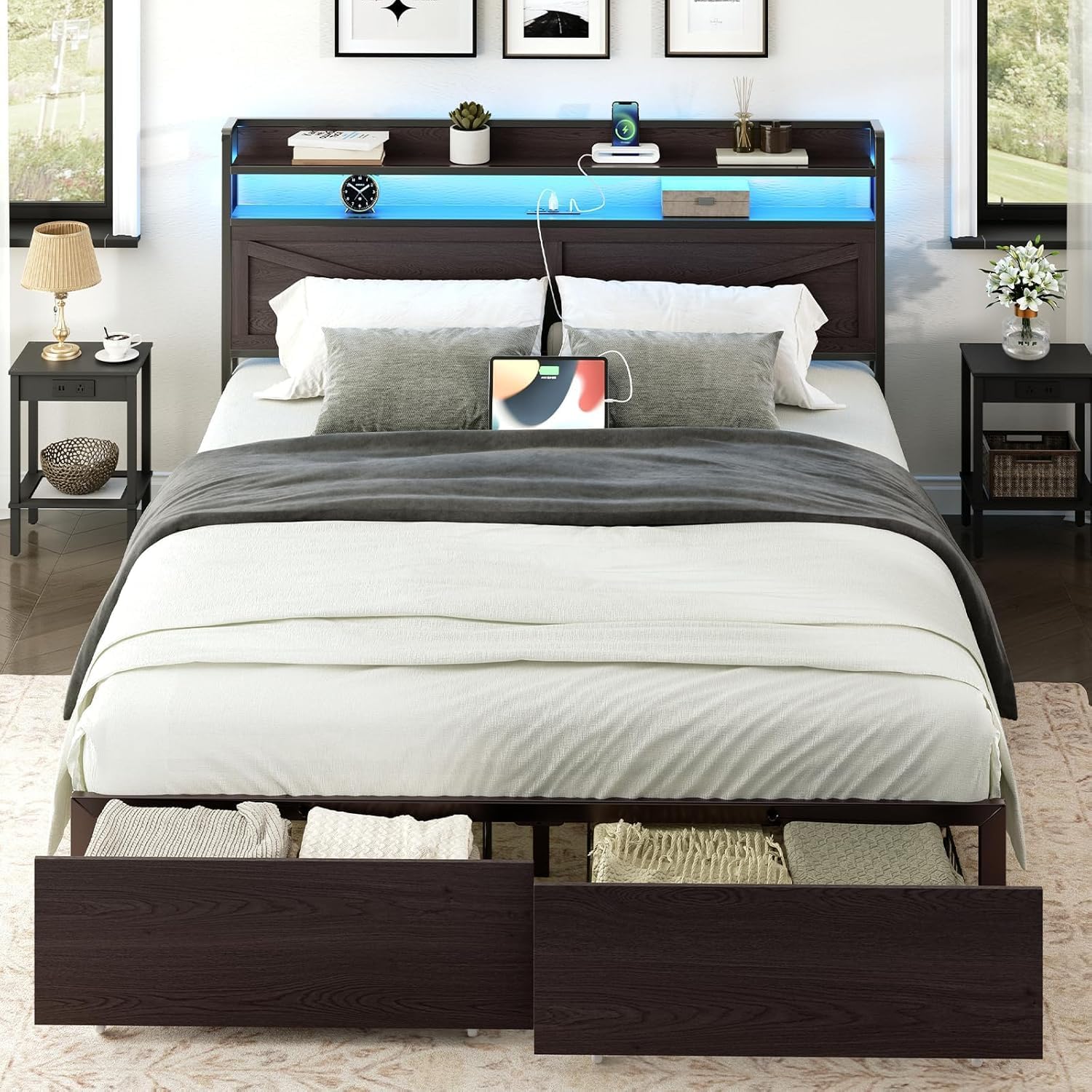 HOOBRO Full Size LED Bed Frame with Charging Station, Storage Headboard & 2 Drawers, Black