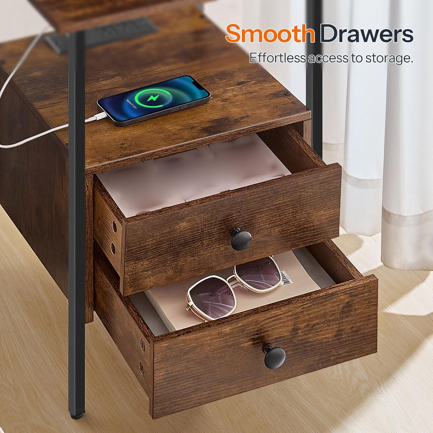 HOOBRO End Table with Charging Station, Nightstand with 2 Drawers, USB Ports & Power Outlets, Bedside Table for Bedroom & Living Room, Rustic Brown BF43UBZ01