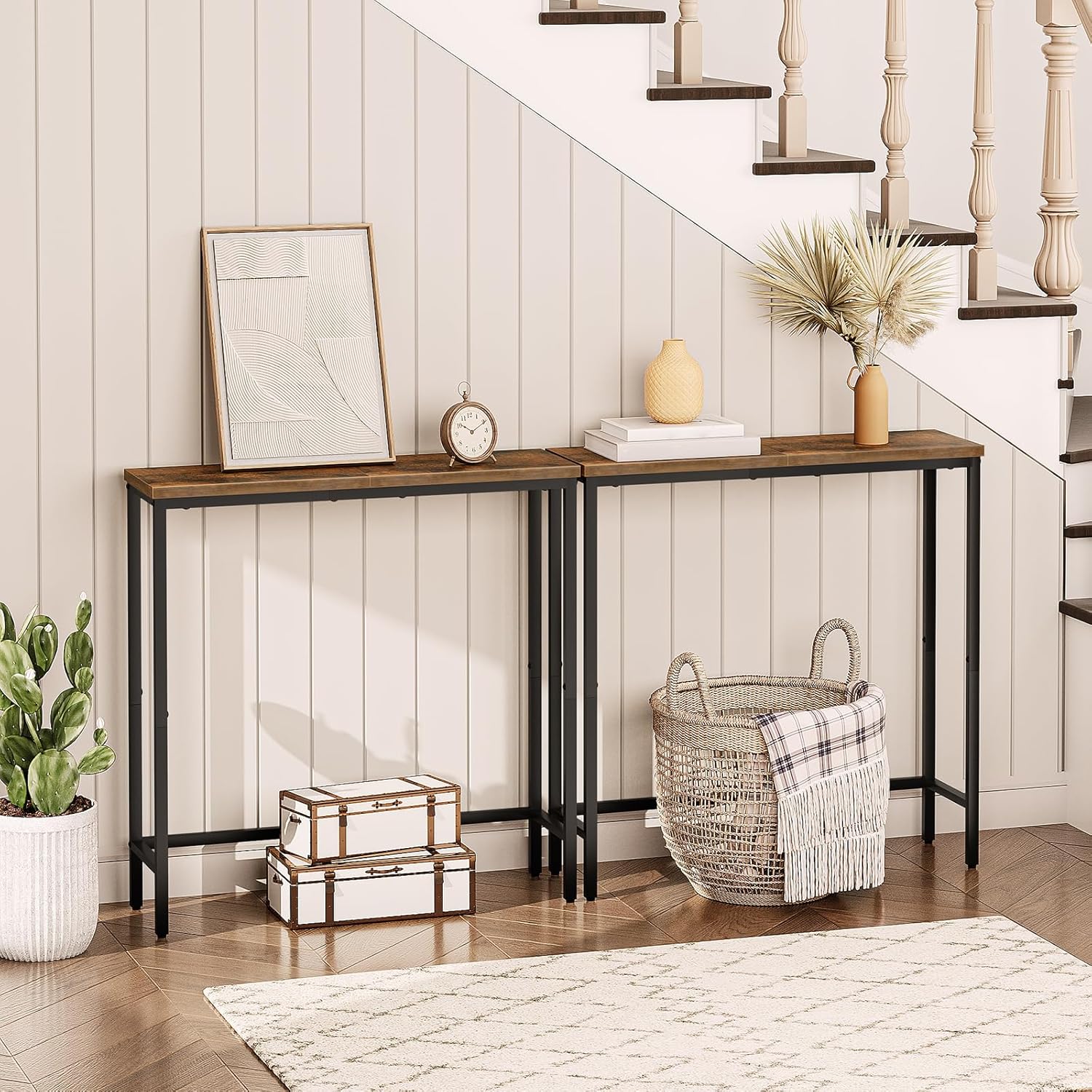 HOOBRO Narrow Console Table 75 cm Entryway Table, Small Sofa Side Table, Rustic Brown & Black BF75XG01