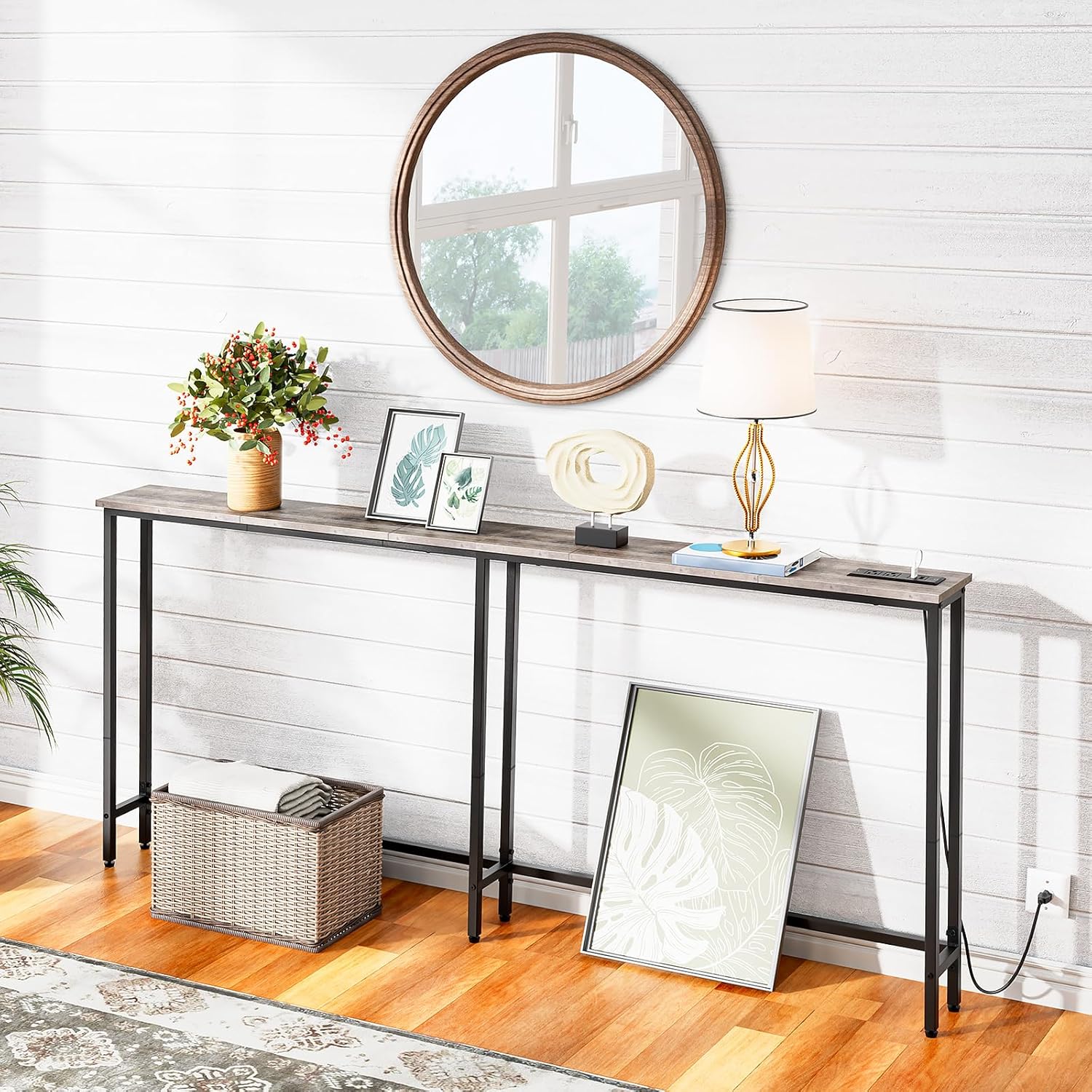 HOOBRO 180 cm Skinny Console Table with Charging Station, Narrow Sofa Table with Power Outlets, Slim Entryway Table, Greige & Black BG185UXG01G1