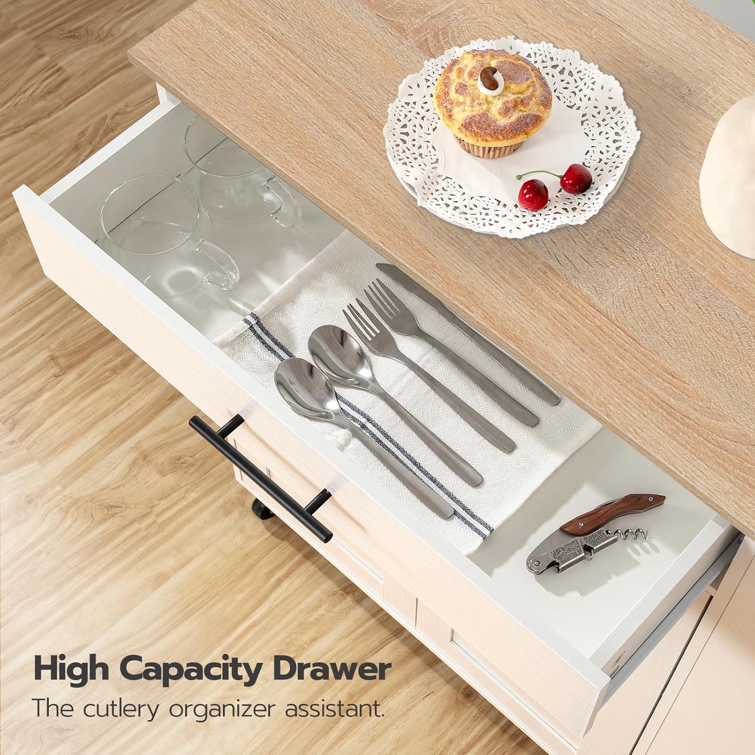HOOBRO Kitchen Island Cart with Power Outlet, Rolling Kitchen Storage Cabinet with Drawer, Spice Rack & Adjustable Shelf, White & Natural
