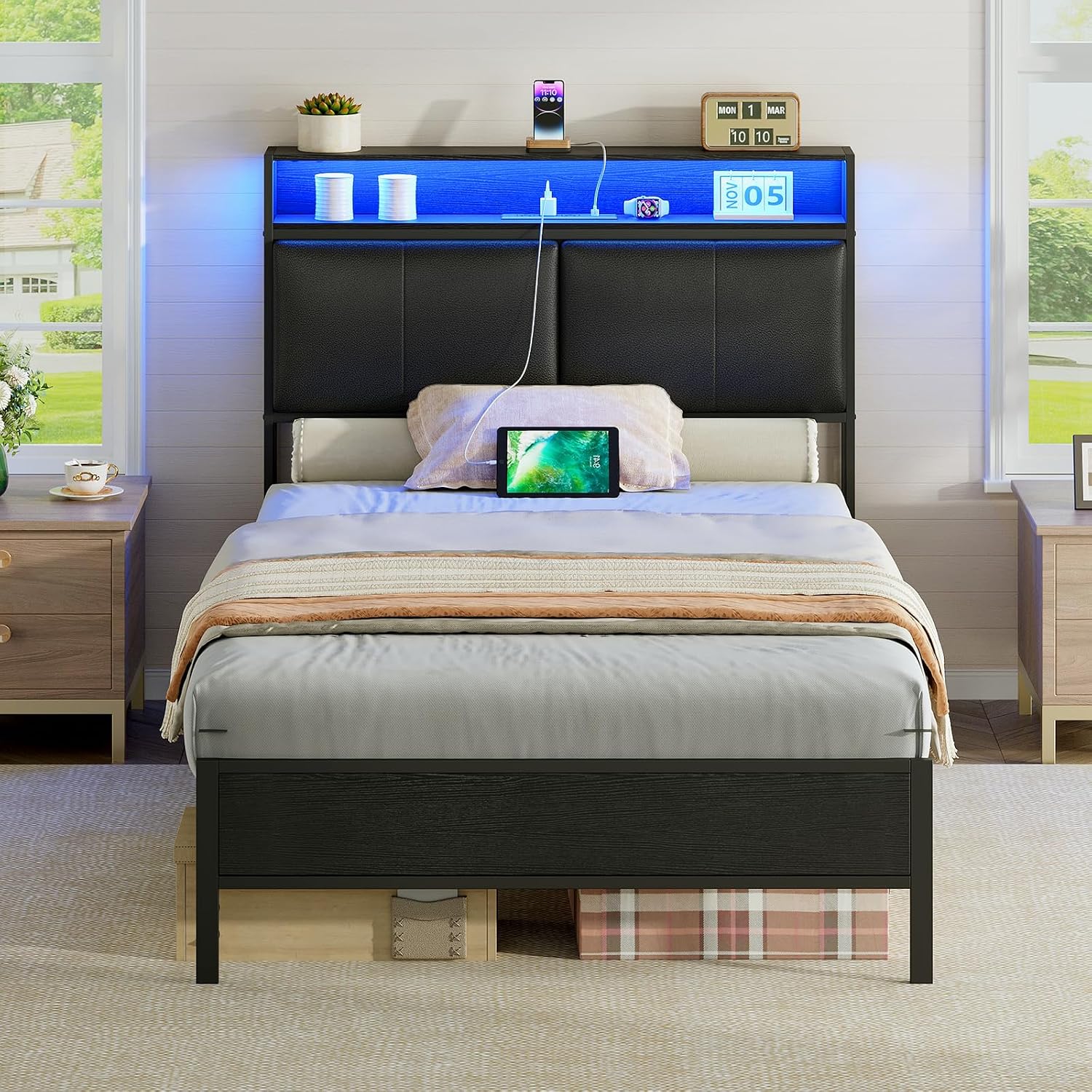 HOOBRO Twin Bed Frame with Storage Headboard, Charging Station & 16-Color LED Lights, Black