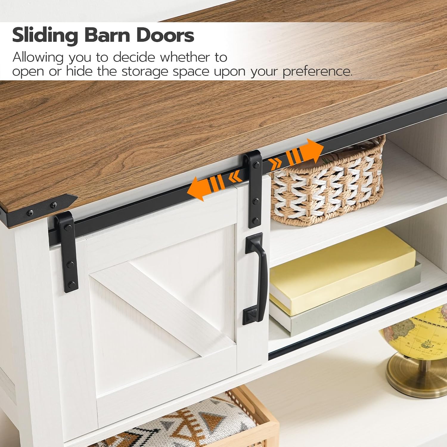 HOOBRO 39.4" Farmhouse Console Table with Sliding Barn Doors, Storage Cabinets & Open Shelf, White & Walnut