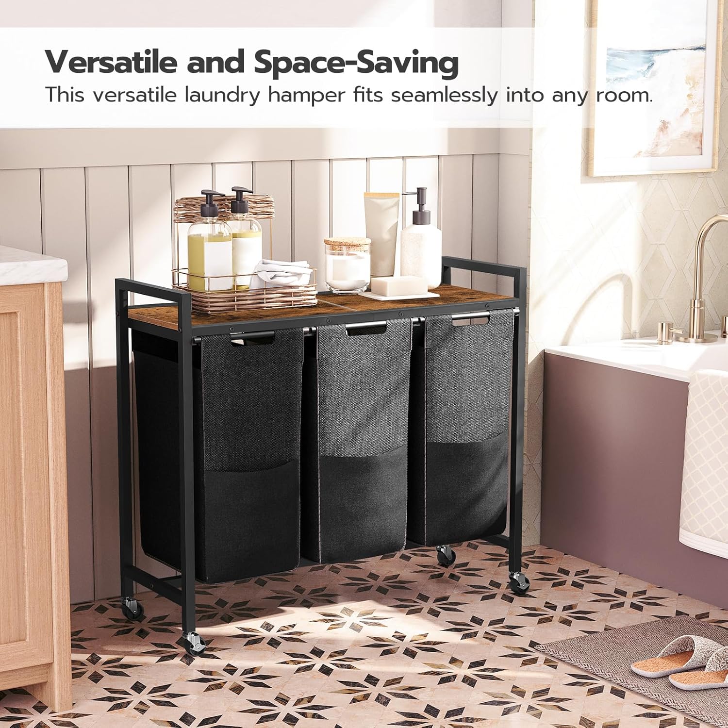 HOOBRO 3-Section Laundry Sorter with Wheels, 130L Rolling Laundry Hamper with Removable Oxford Fabric Bags, Rustic Brown & Black BF76XY01