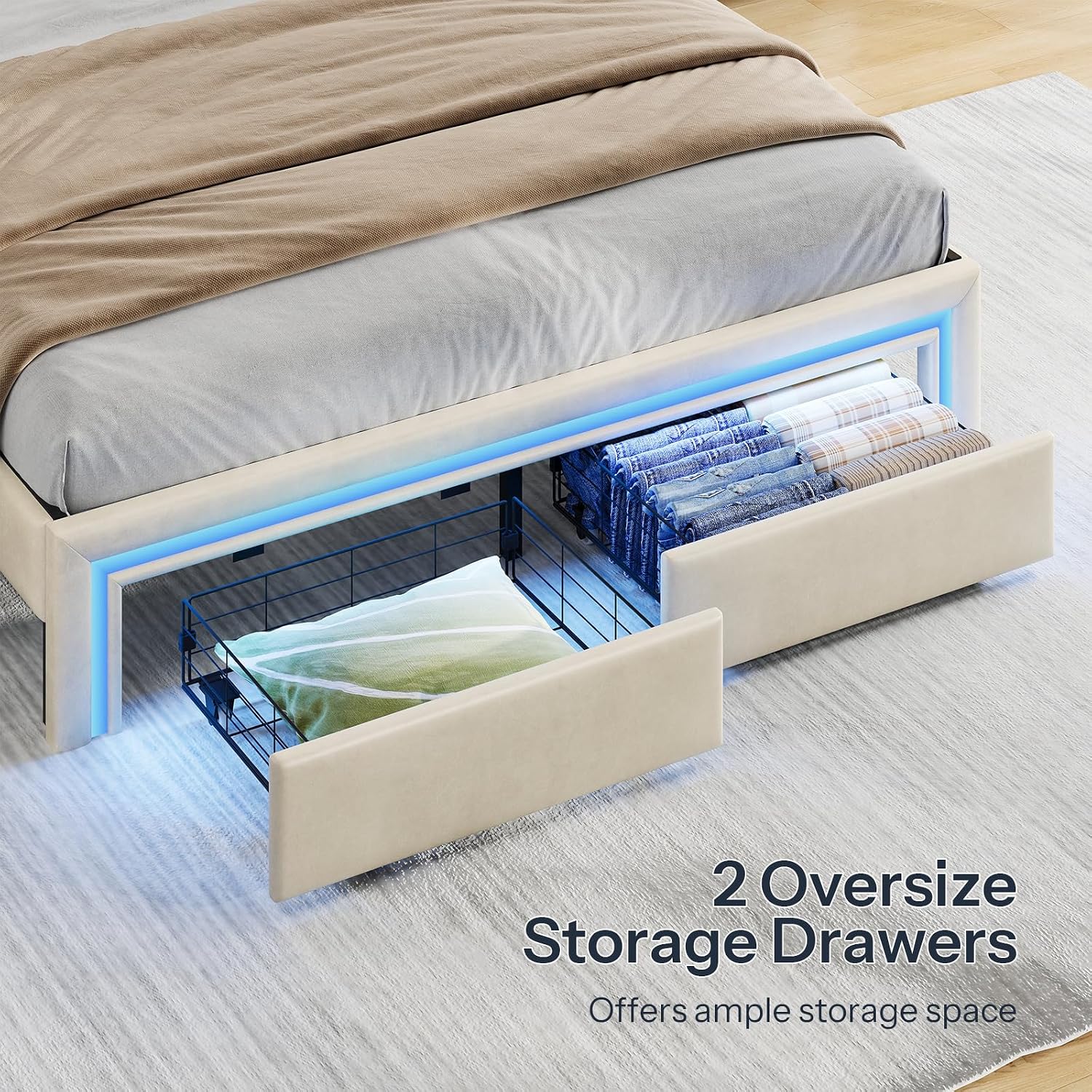 HOOBRO Queen Bed Frame with LED Lights, Charging Station & 2 Storage Drawers, Upholstered Platform Bed, Cream White