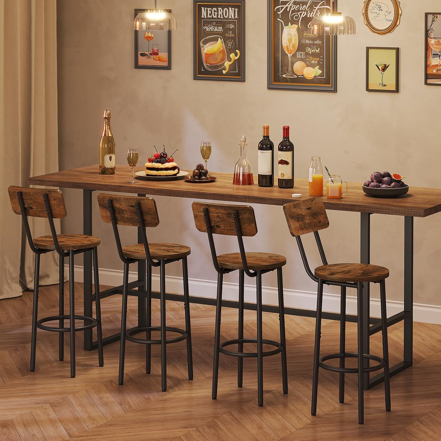 HOOBRO Bar Stools Set of 2 with Backrest & Footrest, Industrial Counter Height Bar Chairs, Rustic Brown & Black BF32BY01G2