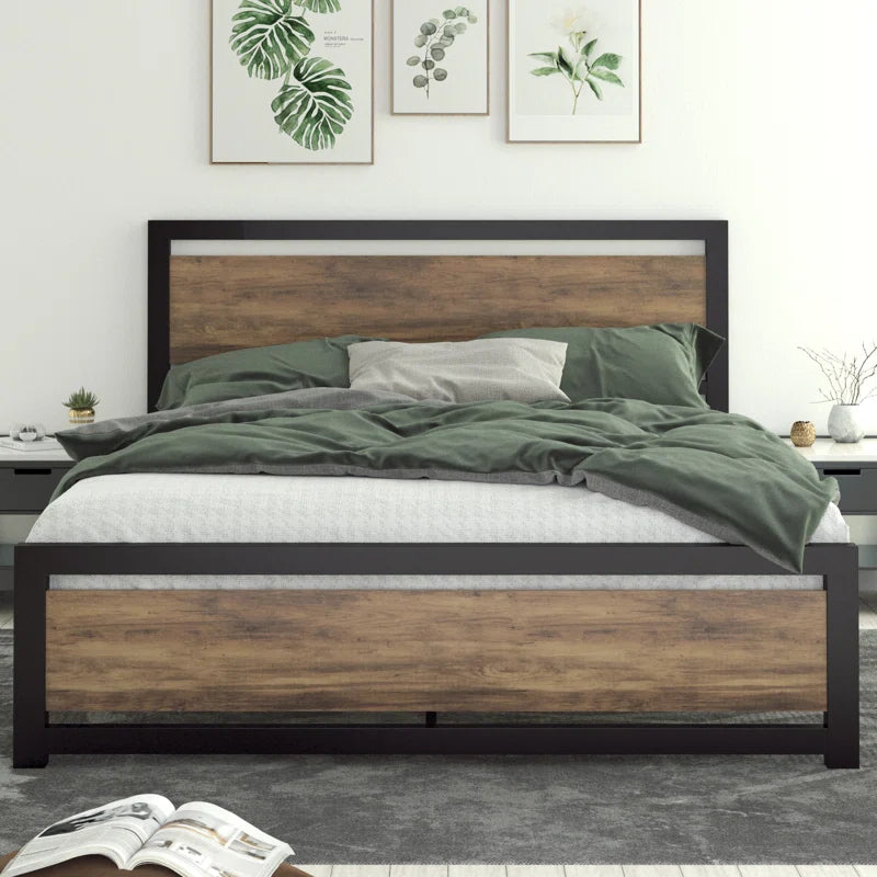 Marilee Wood and Black Metal Frame Bed with Headboard