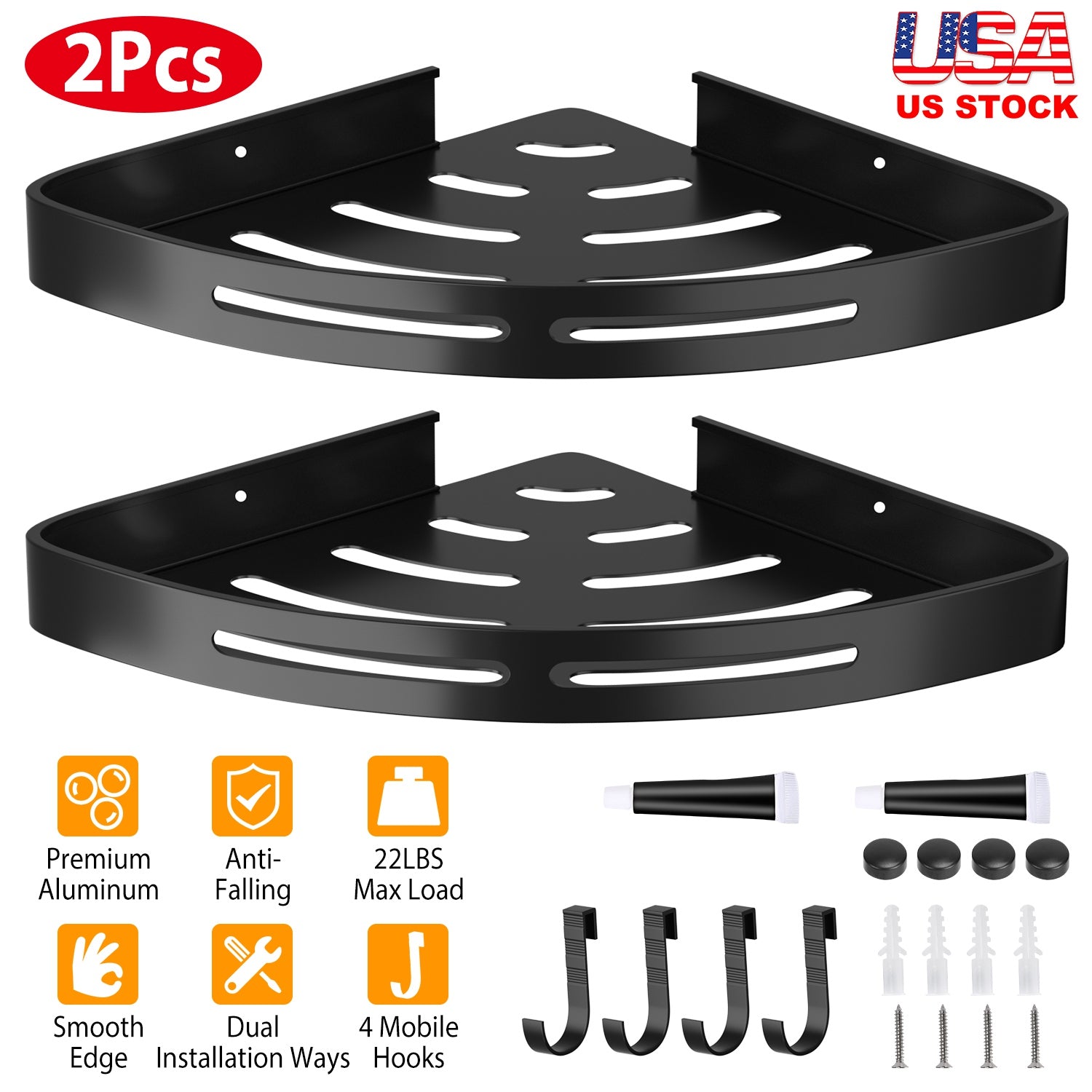 2Pcs Corner Shower Caddy Shelf Adhesive Bathroom Wall Mounted Storage Racks Aluminum No Drilling Organizers For Bathroom Toilet Kitchen Dorm