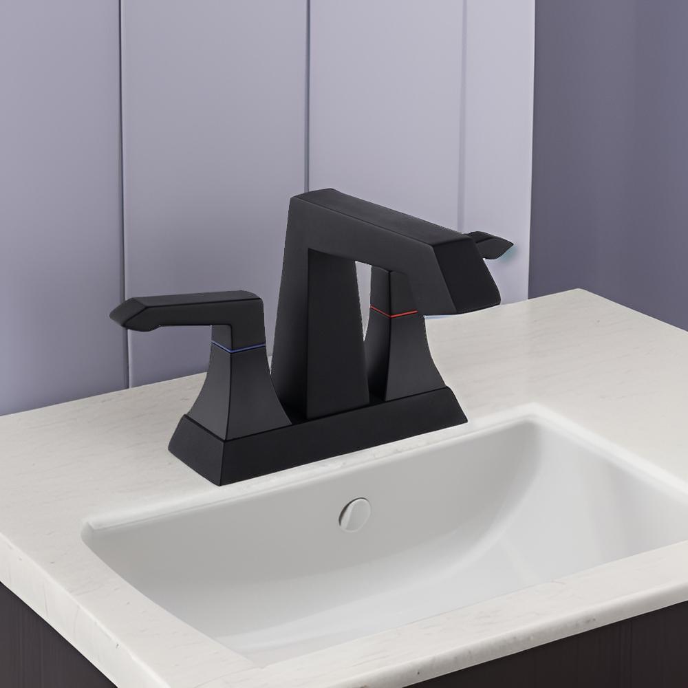 Modern Matte Black 2-Handle Bathroom Faucet with Drain and Supply Kit - Heavy Duty, Deck Mounted Lavatory Faucet
